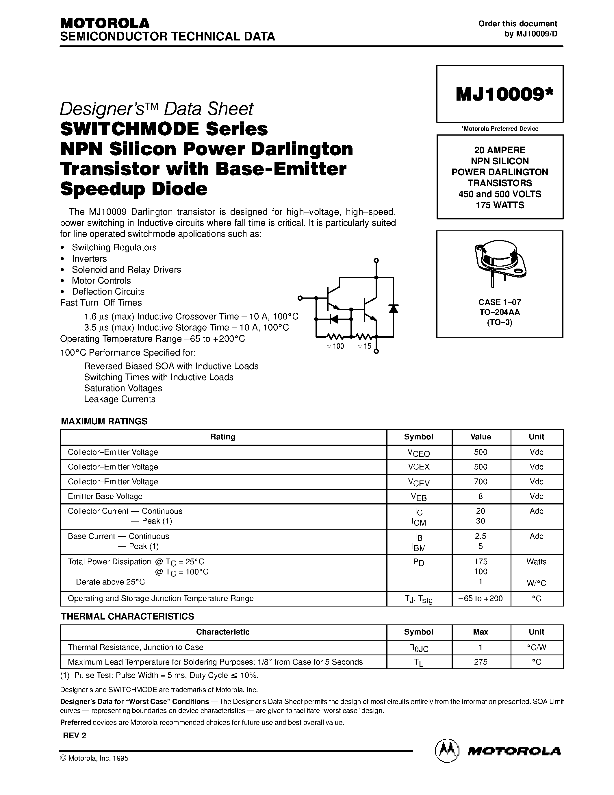 Даташит MJ10009 - 20 AMPERE NPN SILICON POWER DARLINGTON TRANSISTORS 450 and 500 VOLTS 175 WATTS страница 1