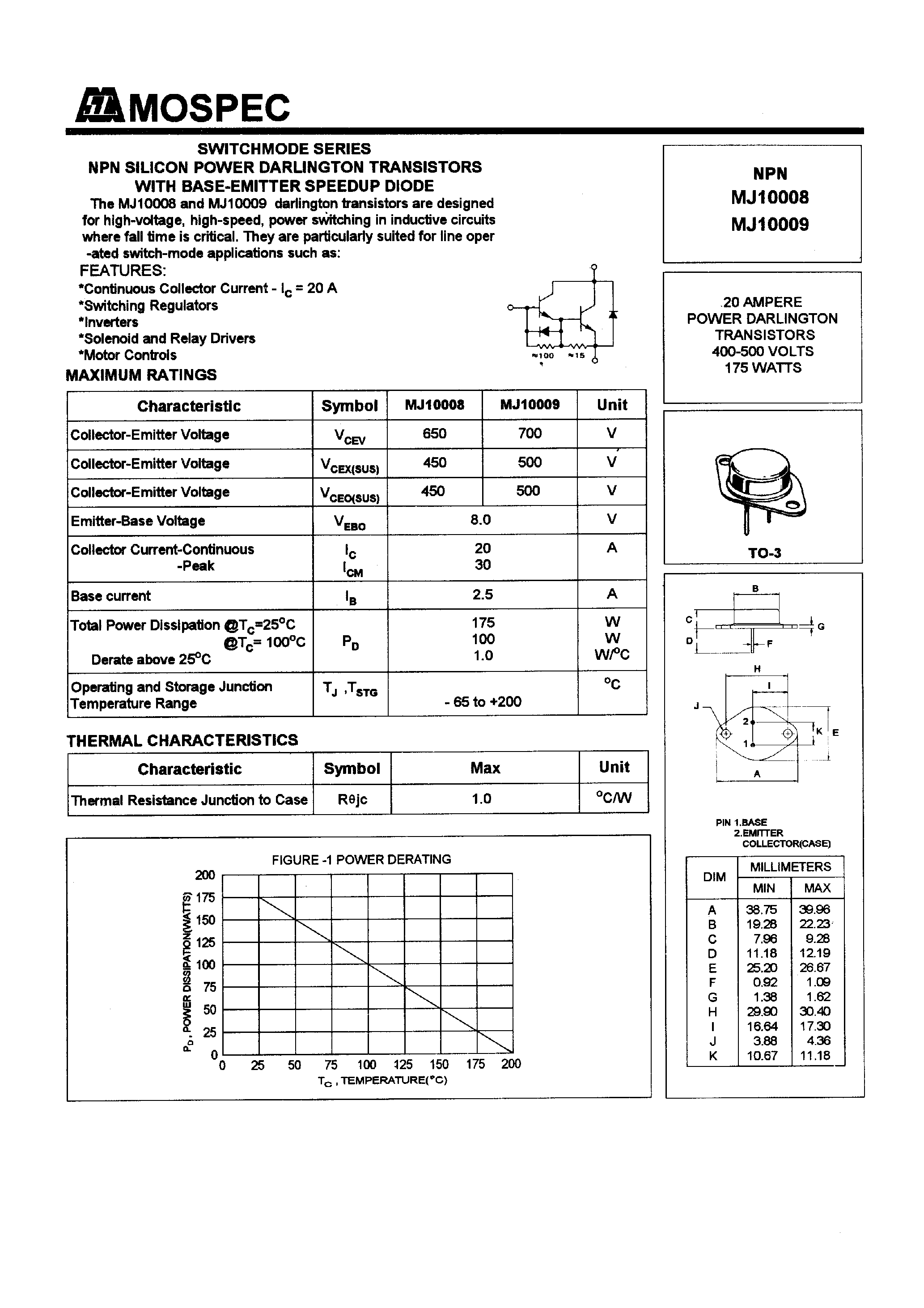 Даташит MJ10009 - POWER TRANSISTORS(20A/400-500V/175W) страница 1