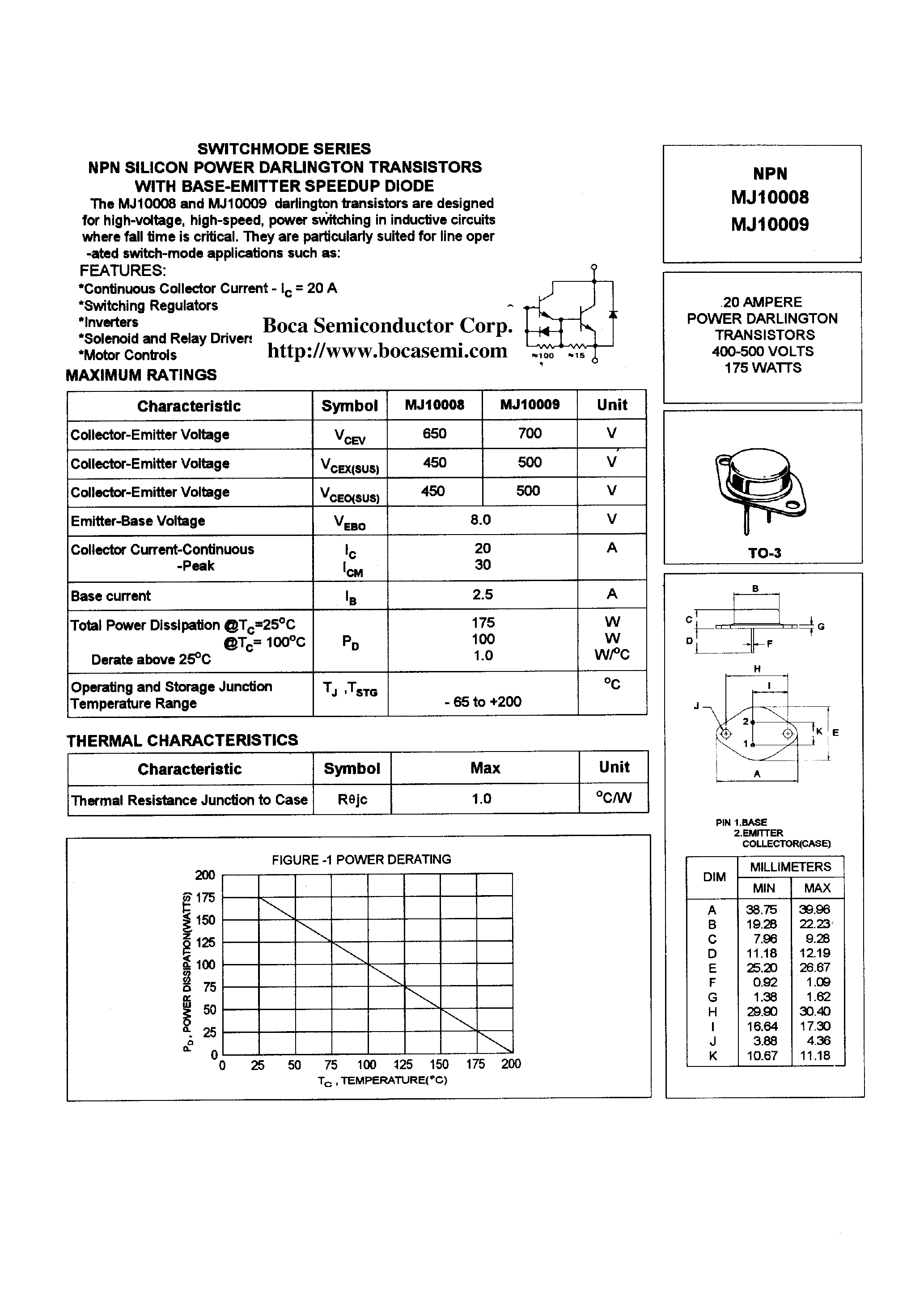 Даташит MJ10009 - SWITCHMODE SERIES NPN SILICON POWER DARLINGTON TRANSISTORS WITH BASE-EMITTER SPEEDUP DIODE страница 1