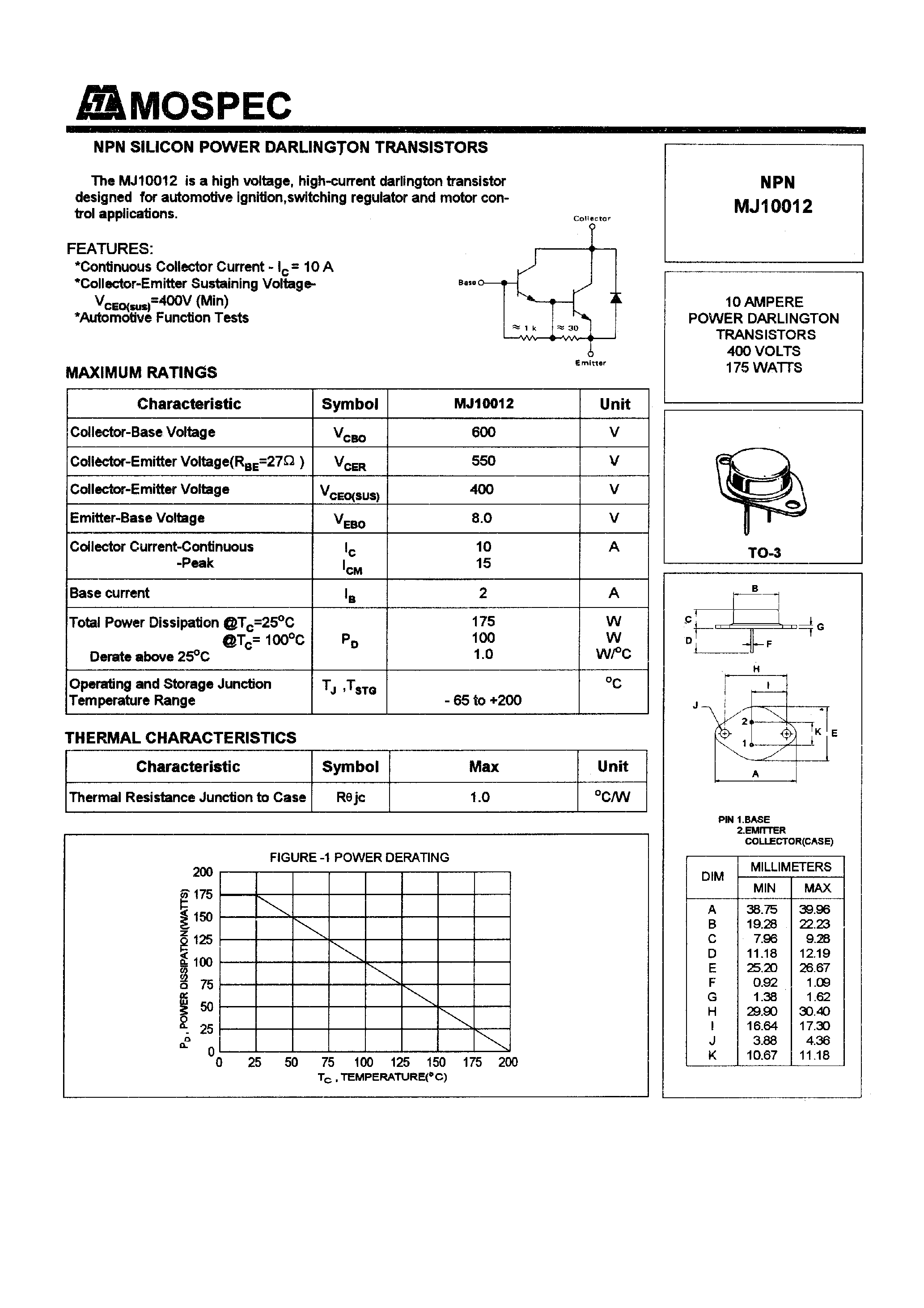 Даташит MJ10012 - POWER TRANSISTORS(10A/400V/175W) страница 1