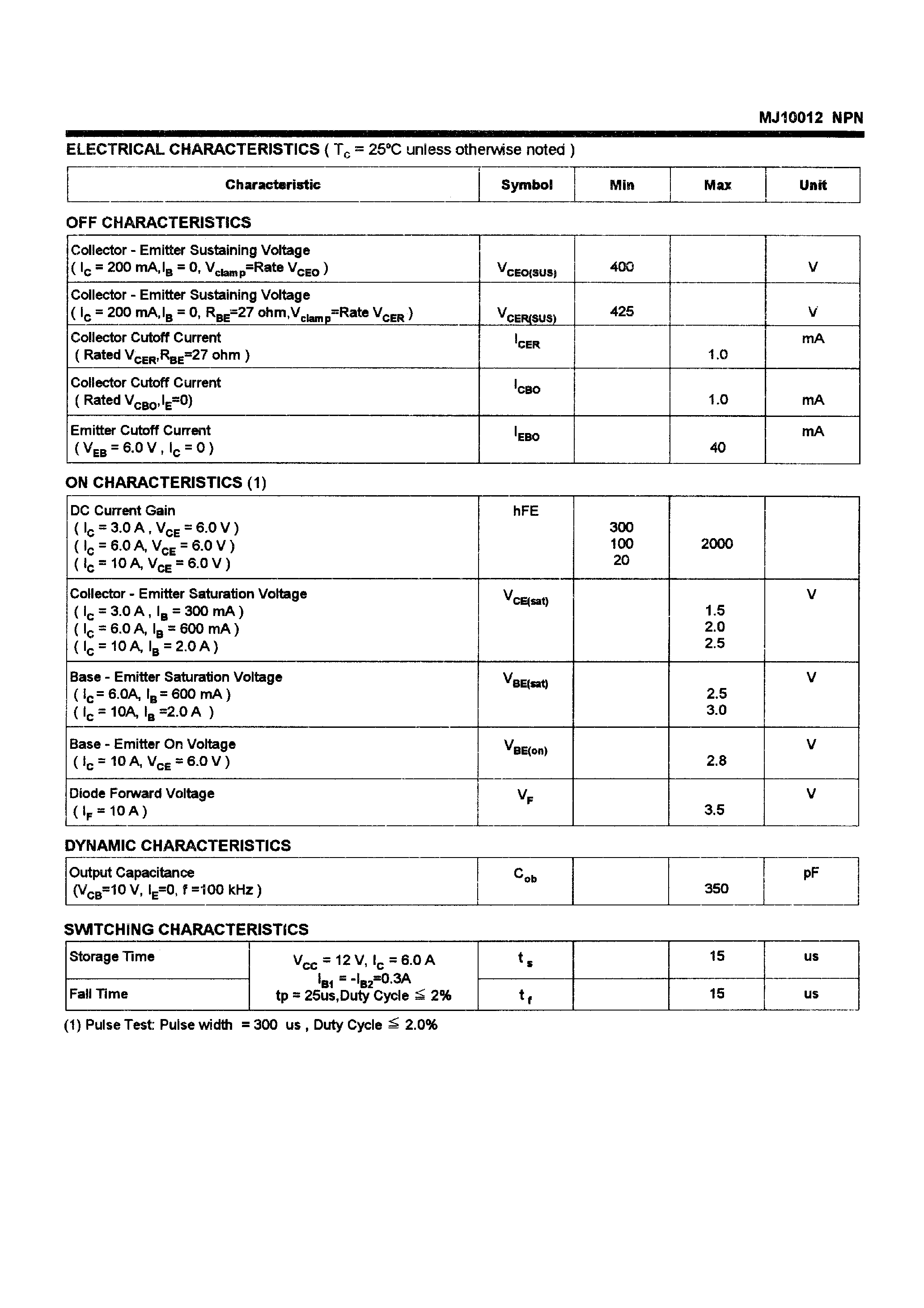 Даташит MJ10012 - POWER TRANSISTORS(10A/400V/175W) страница 2