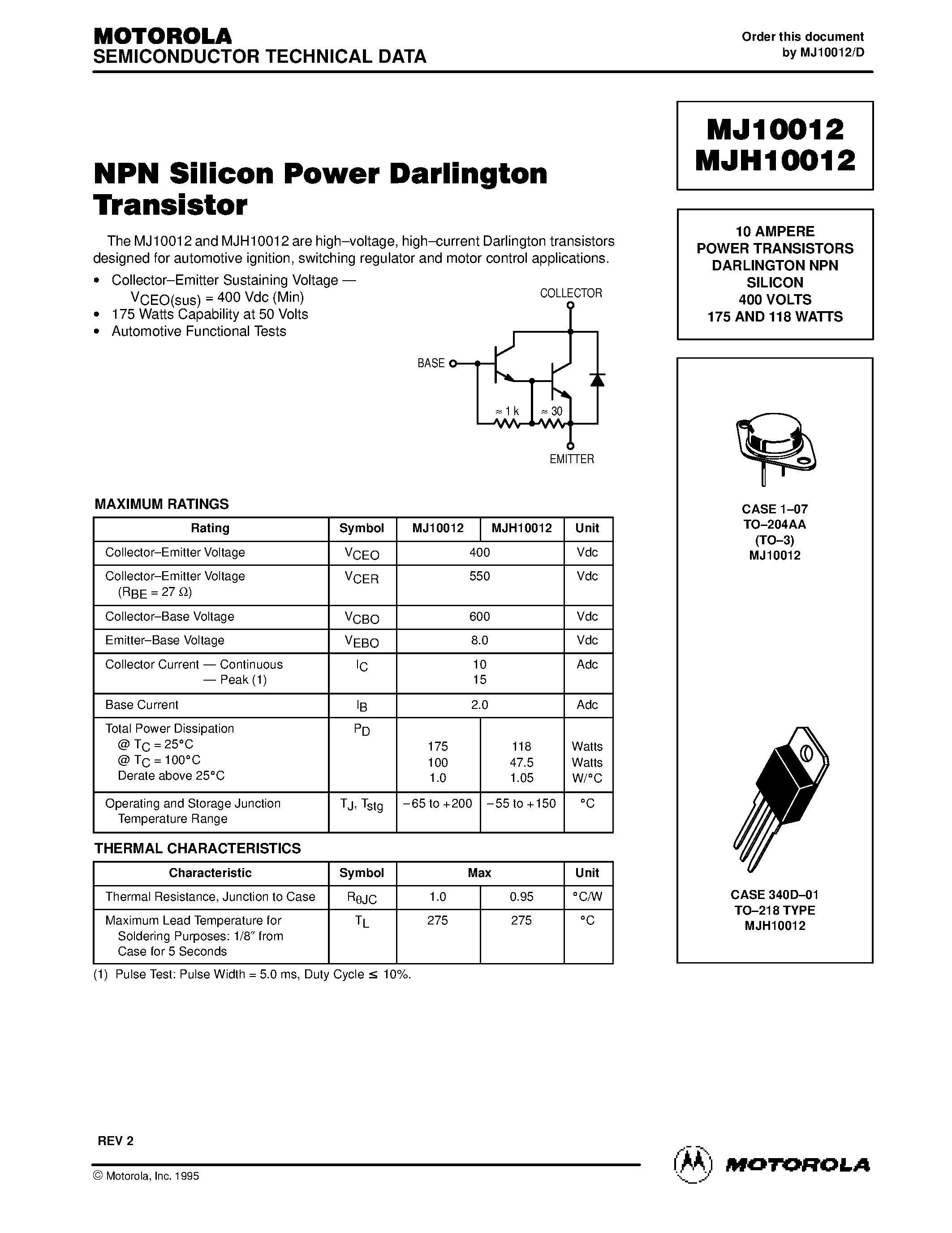 Даташит на микросхему MJ10012 страница 1 Даташит MJ10012 - 10 AMPERE POWER TRANSISTORS DARLINGTON NPN SILICON 400 VOLTS 175 AND 118 WATTS страница 1