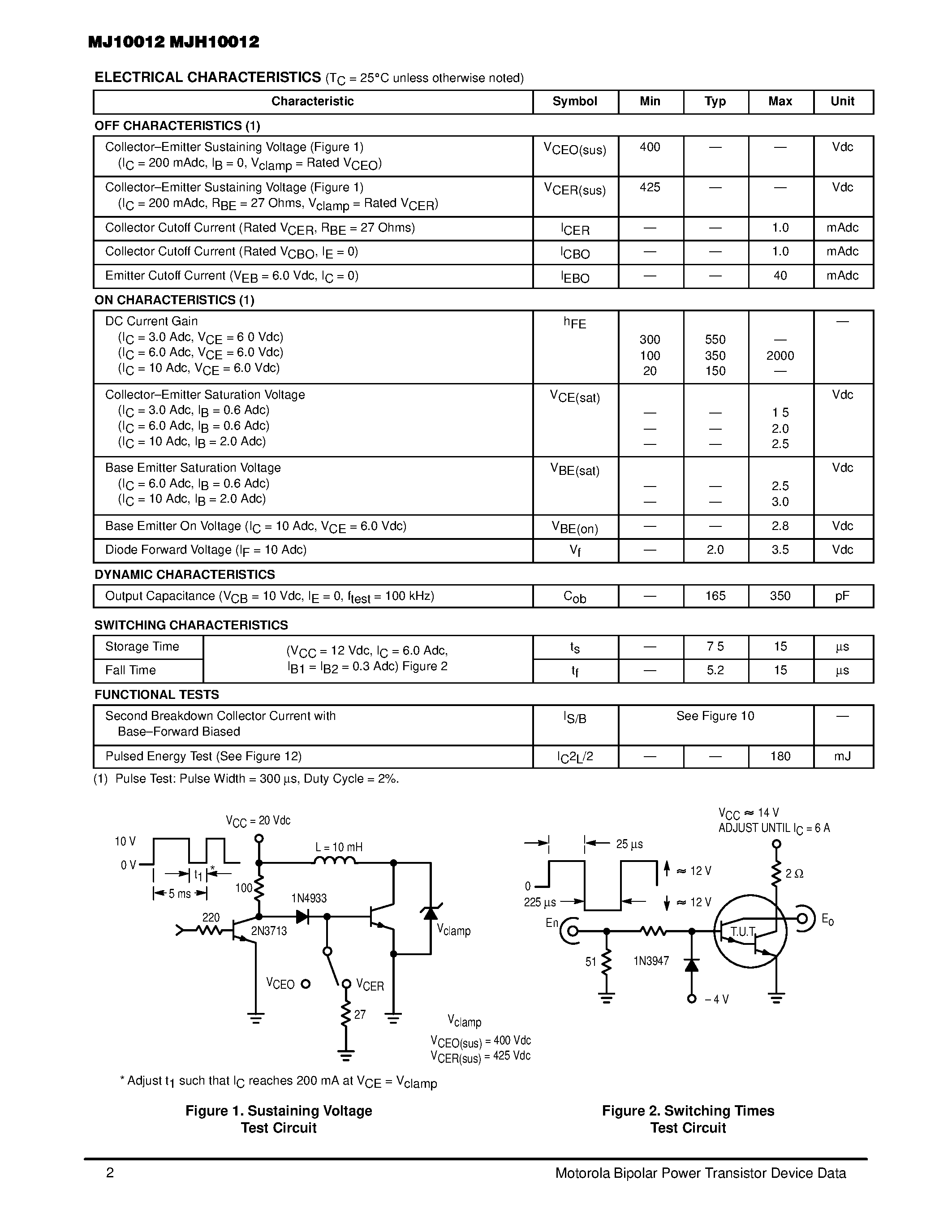 Даташит на микросхему MJ10012 страница 2 Даташит MJ10012 - 10 AMPERE POWER TRANSISTORS DARLINGTON NPN SILICON 400 VOLTS 175 AND 118 WATTS страница 2