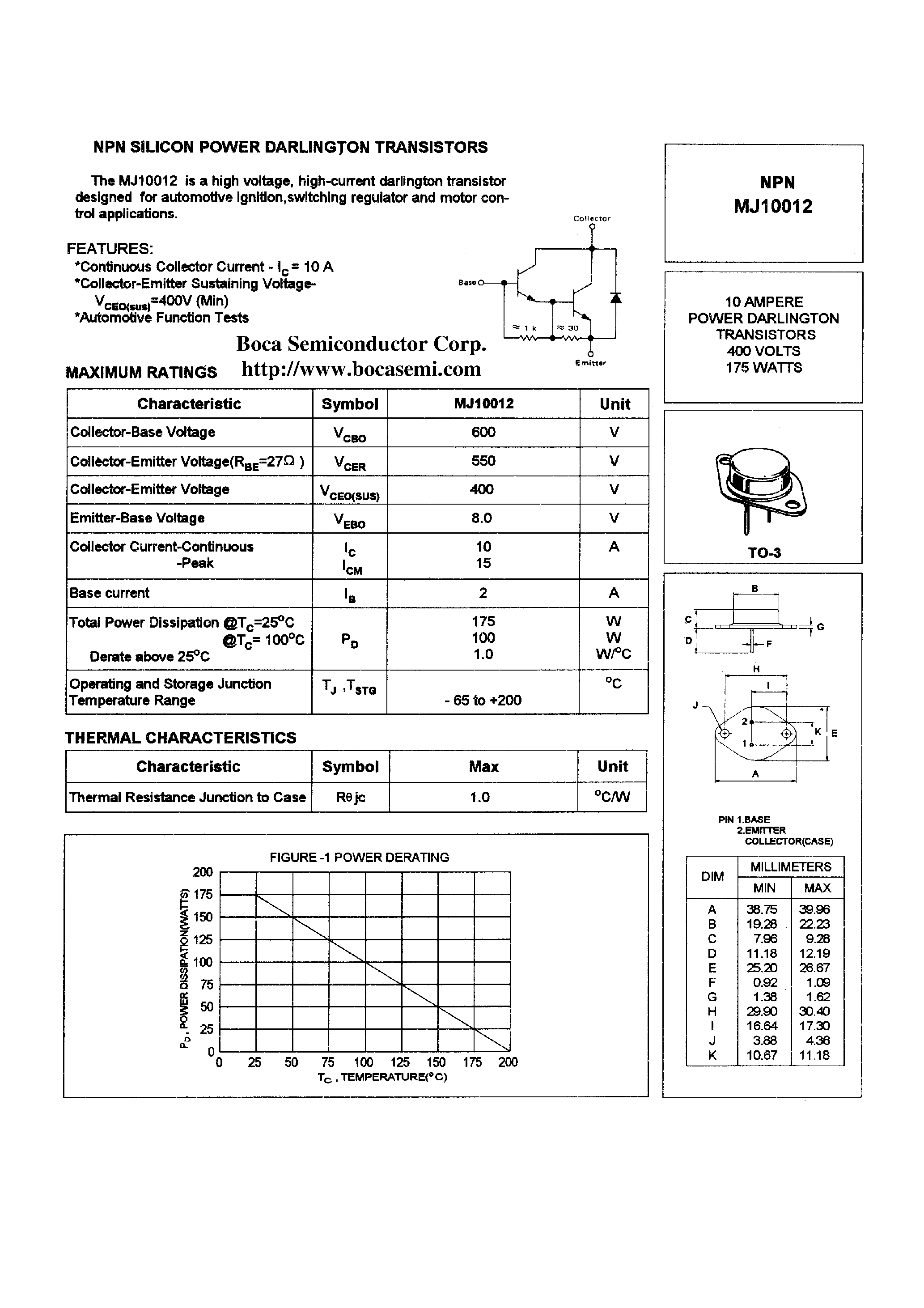 Даташит MJ10012 - NPN SILICON POWER DARLINGTON TRANSISTORS страница 1