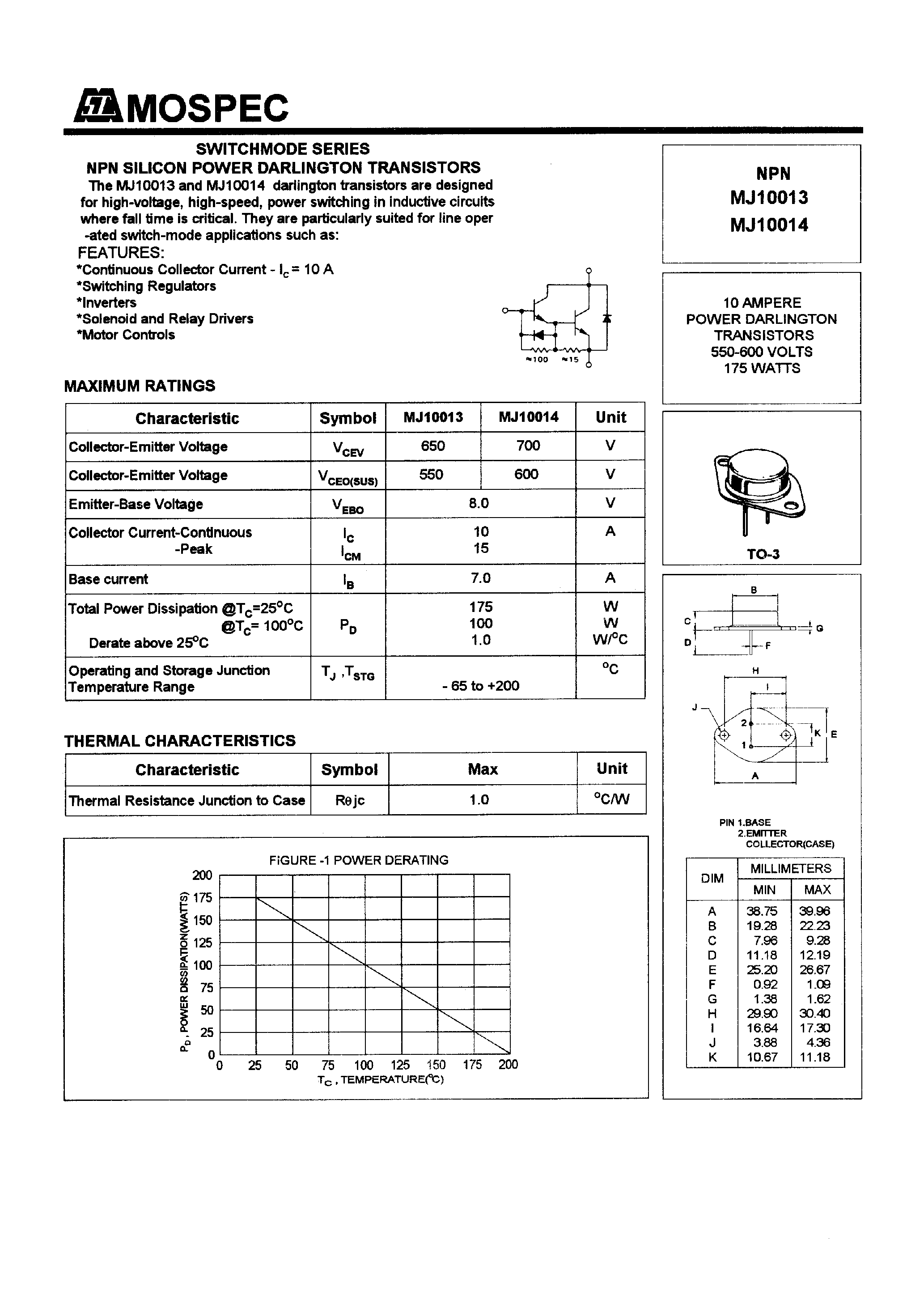Даташит MJ10013 - POWER TRANSISTORS(10A/550-600V/175W) страница 1