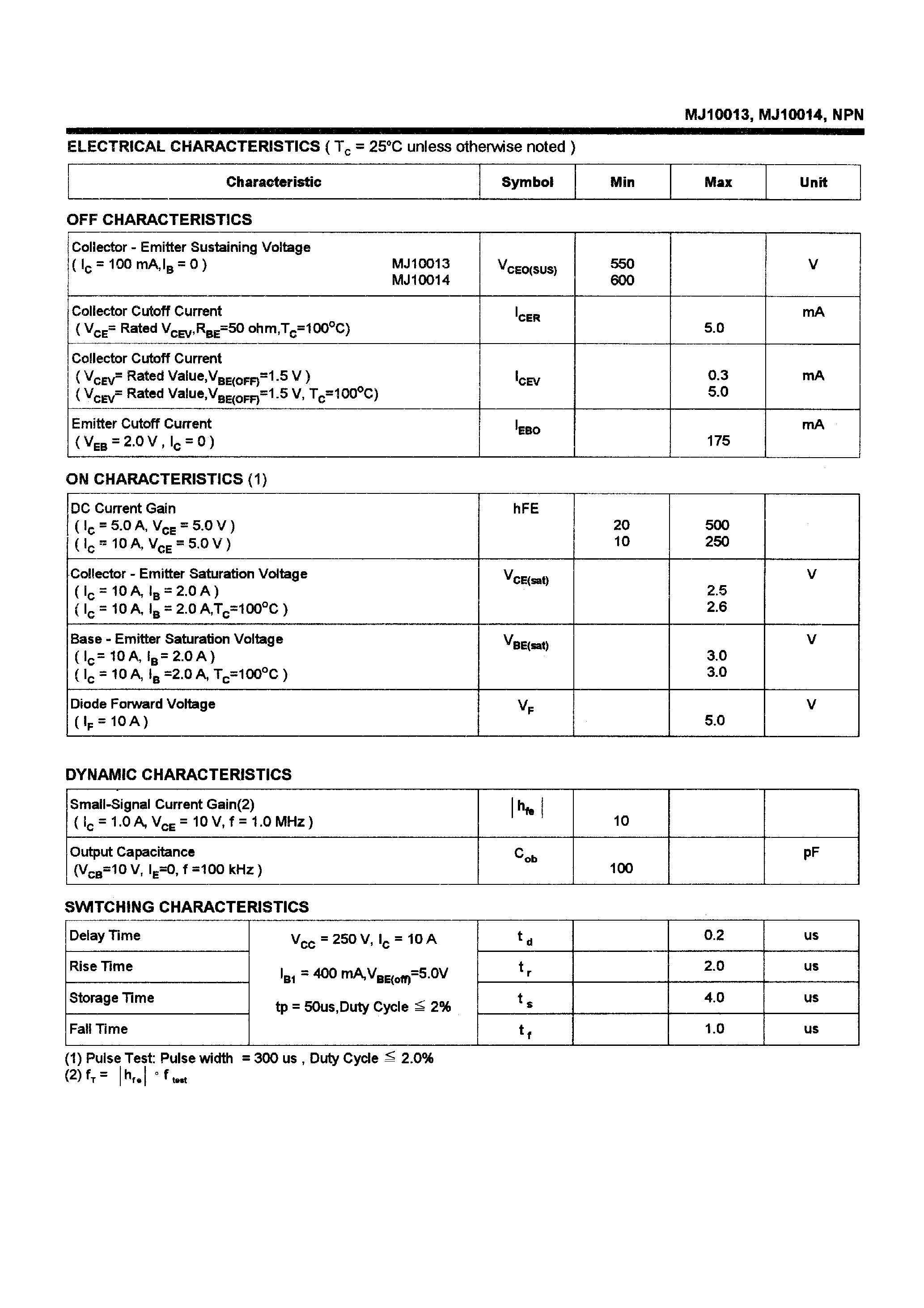 Даташит MJ10014 - POWER TRANSISTORS(10A/550-600V/175W) страница 2