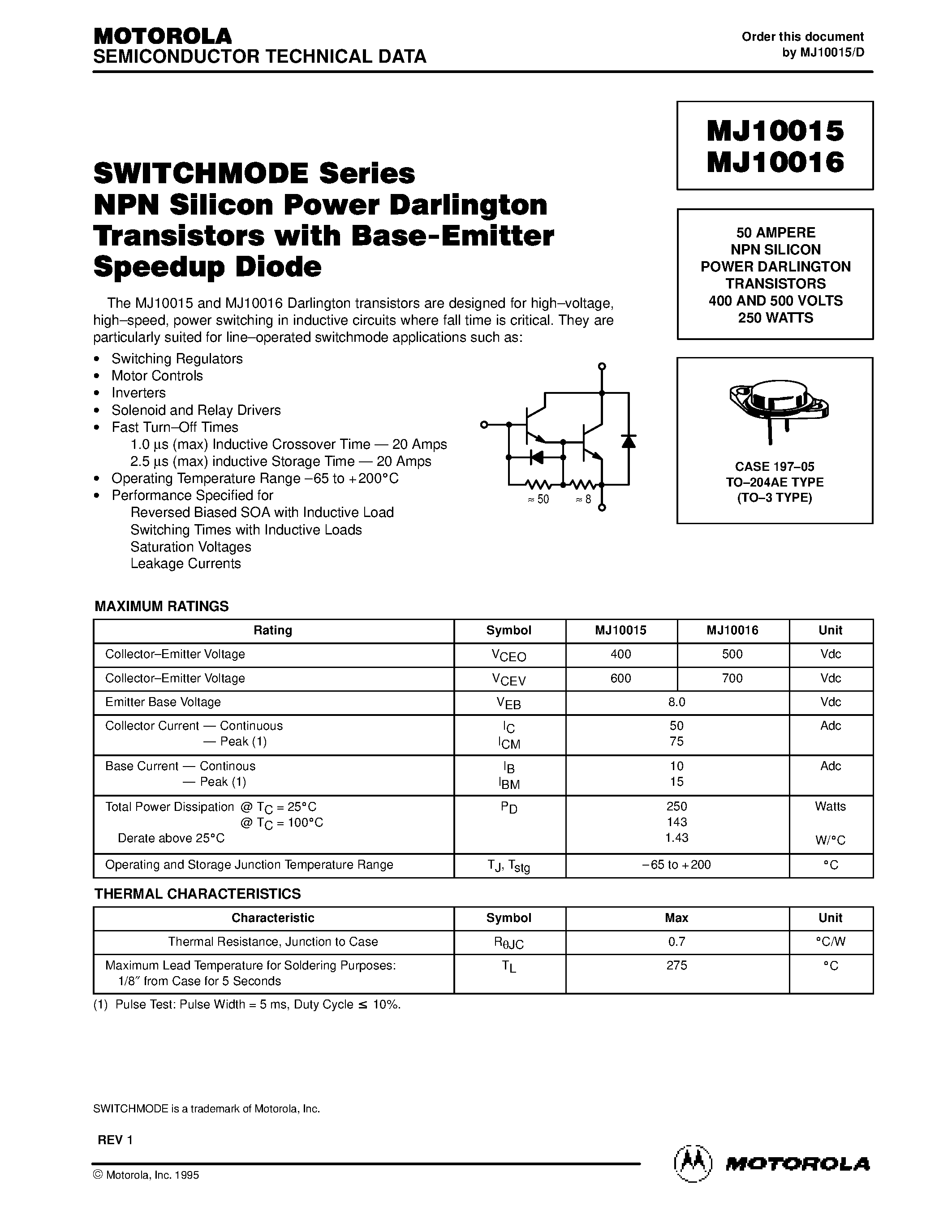 Даташит на микросхему MJ10016 страница 1 Даташит MJ10016 - NPN SILICON POWER DARLINGTON TRANSISTORS страница 1