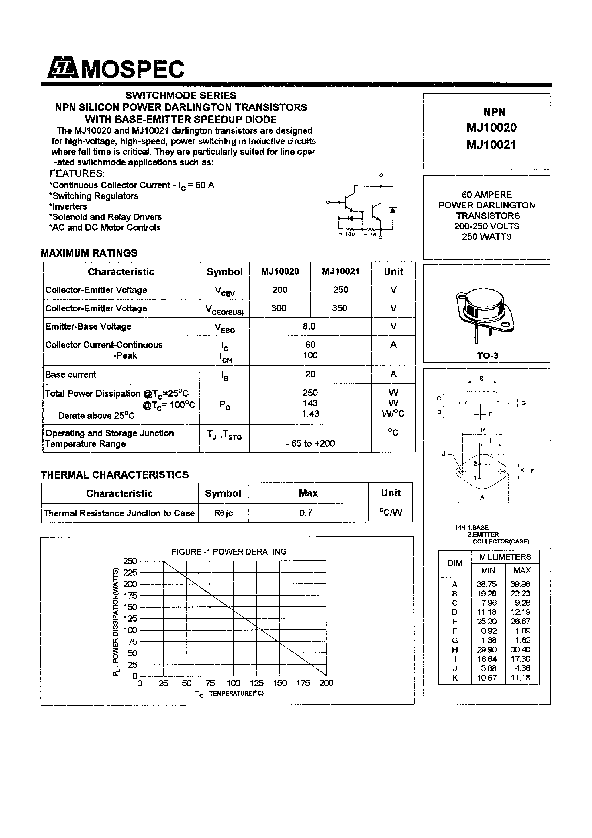 Даташит на микросхему MJ10020 страница 1 Даташит MJ10020 - POWER TRANSISTORS(60A/200-250V/250W) страница 1