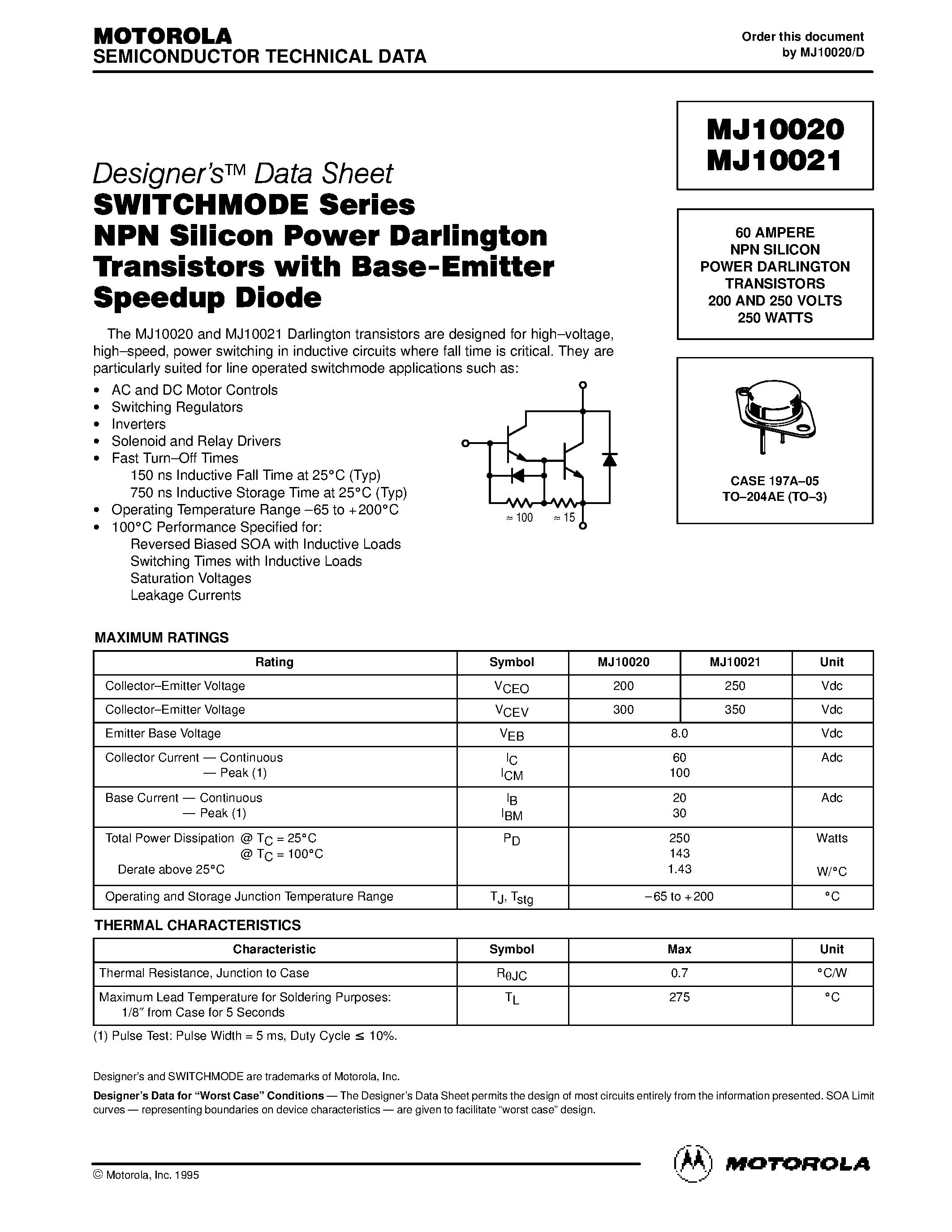 Даташит на микросхему MJ10021 страница 1 Даташит MJ10021 - 60 AMPERE NPN SILICON POWER DARLINGTON TRANSISTORS 200 AND 250 VOLTS 250 WATTS страница 1