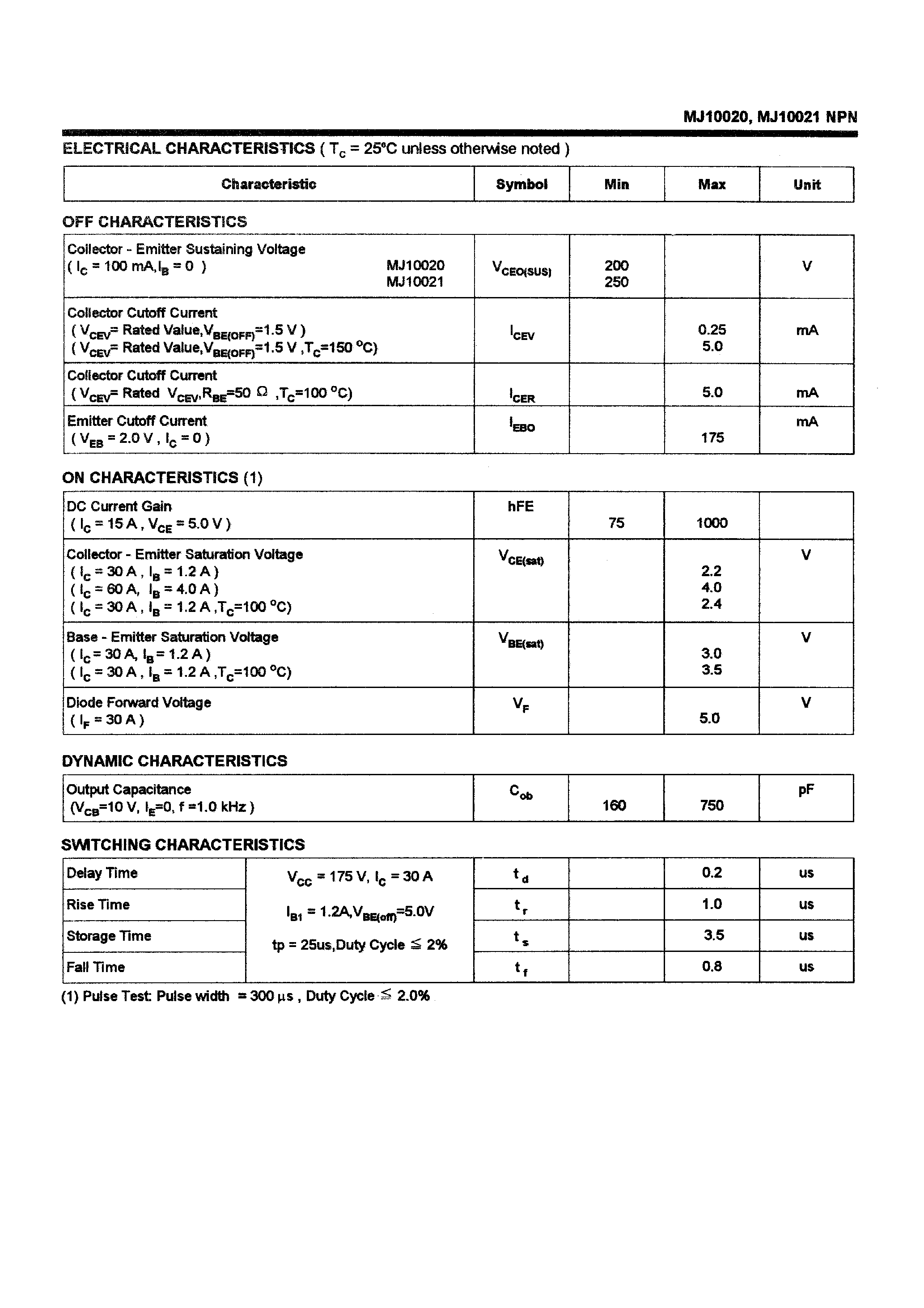 Даташит на микросхему MJ10021 страница 2 Даташит MJ10021 - POWER TRANSISTORS(60A/200-250V/250W) страница 2