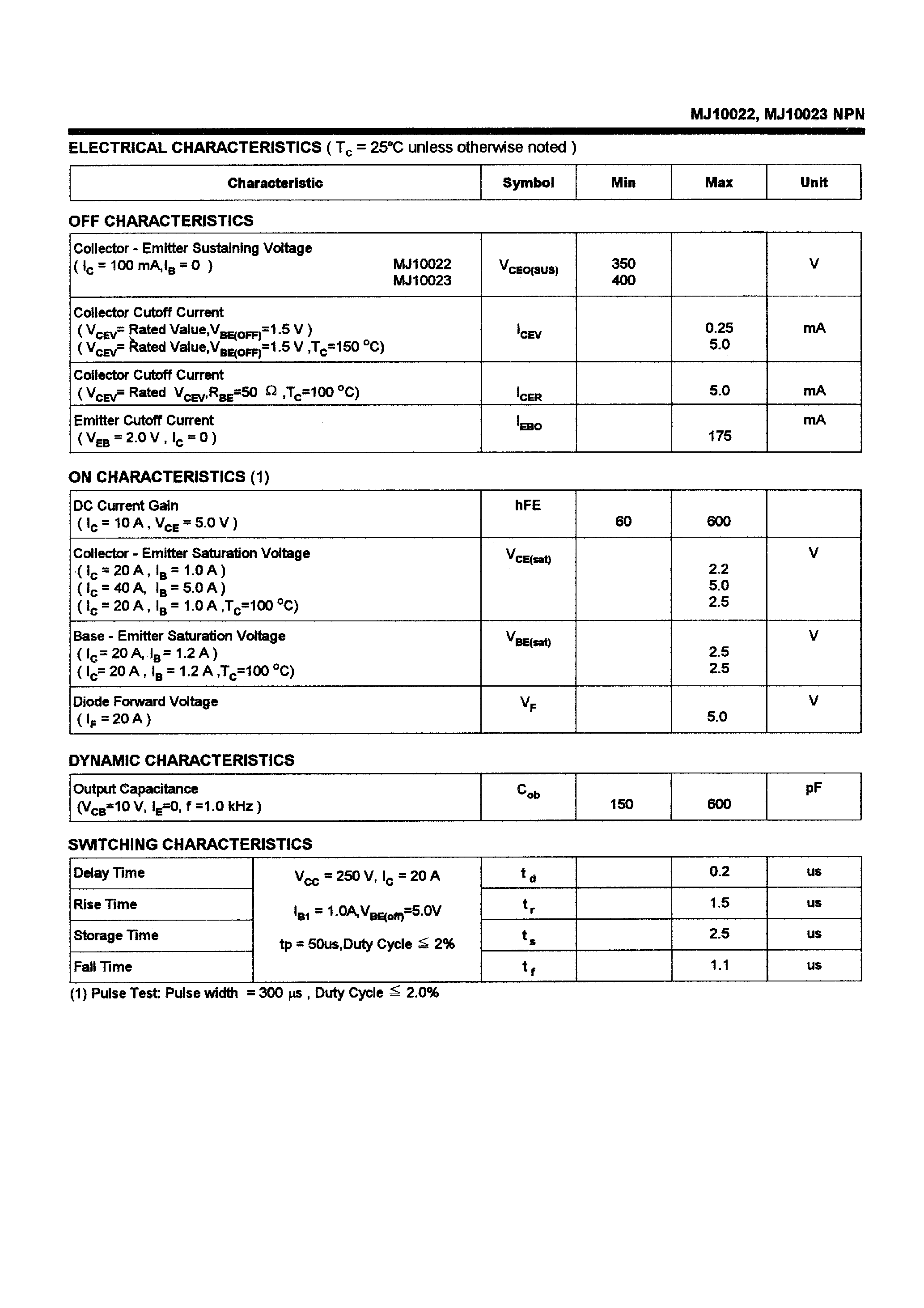 Даташит на микросхему MJ10023 страница 2 Даташит MJ10023 - POWER TRANSISTORS(40A/350-400V/250W) страница 2