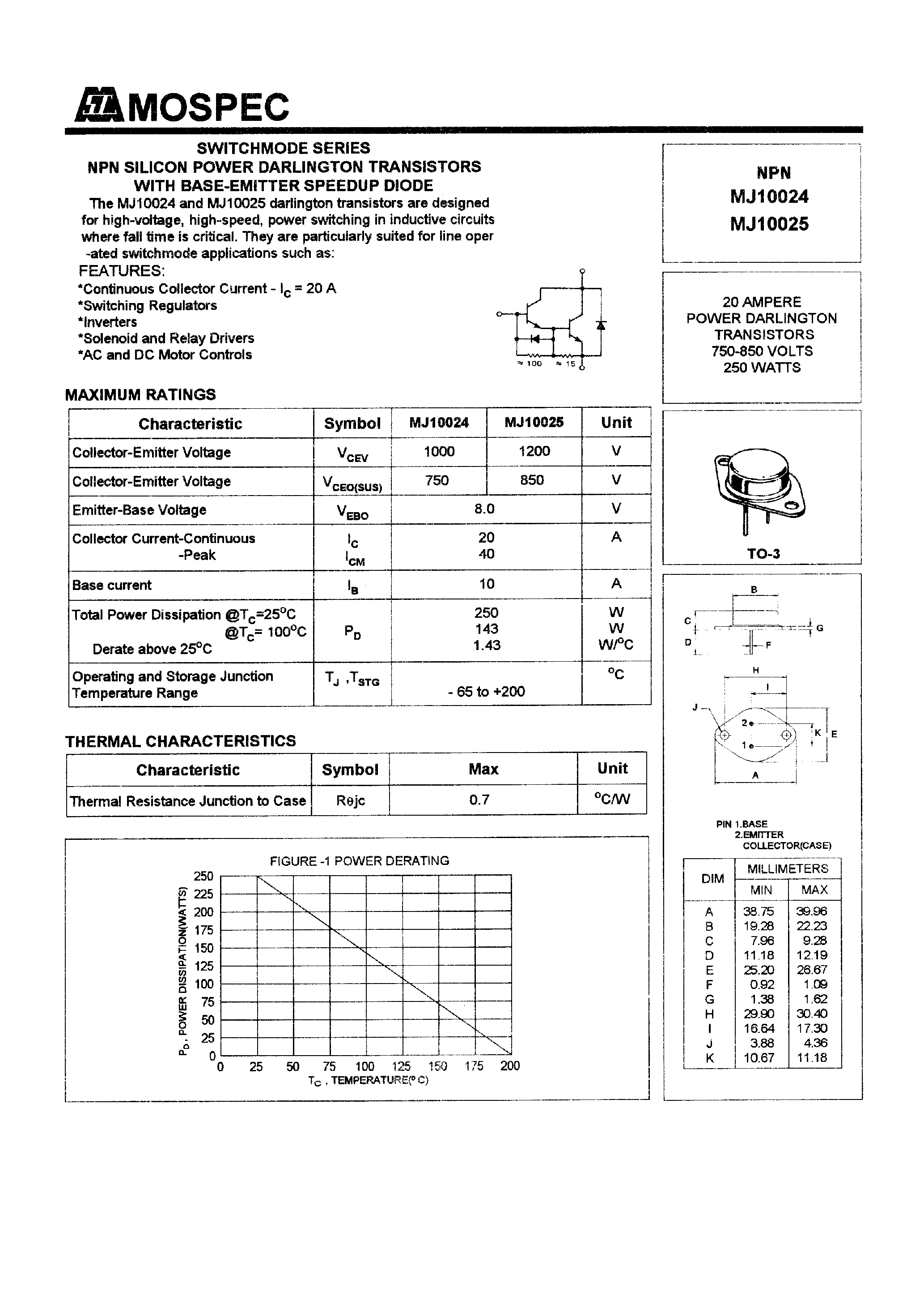 Даташит на микросхему MJ10024 страница 1 Даташит MJ10024 - POWER TRANSISTORS(20A/750-850V/250W) страница 1