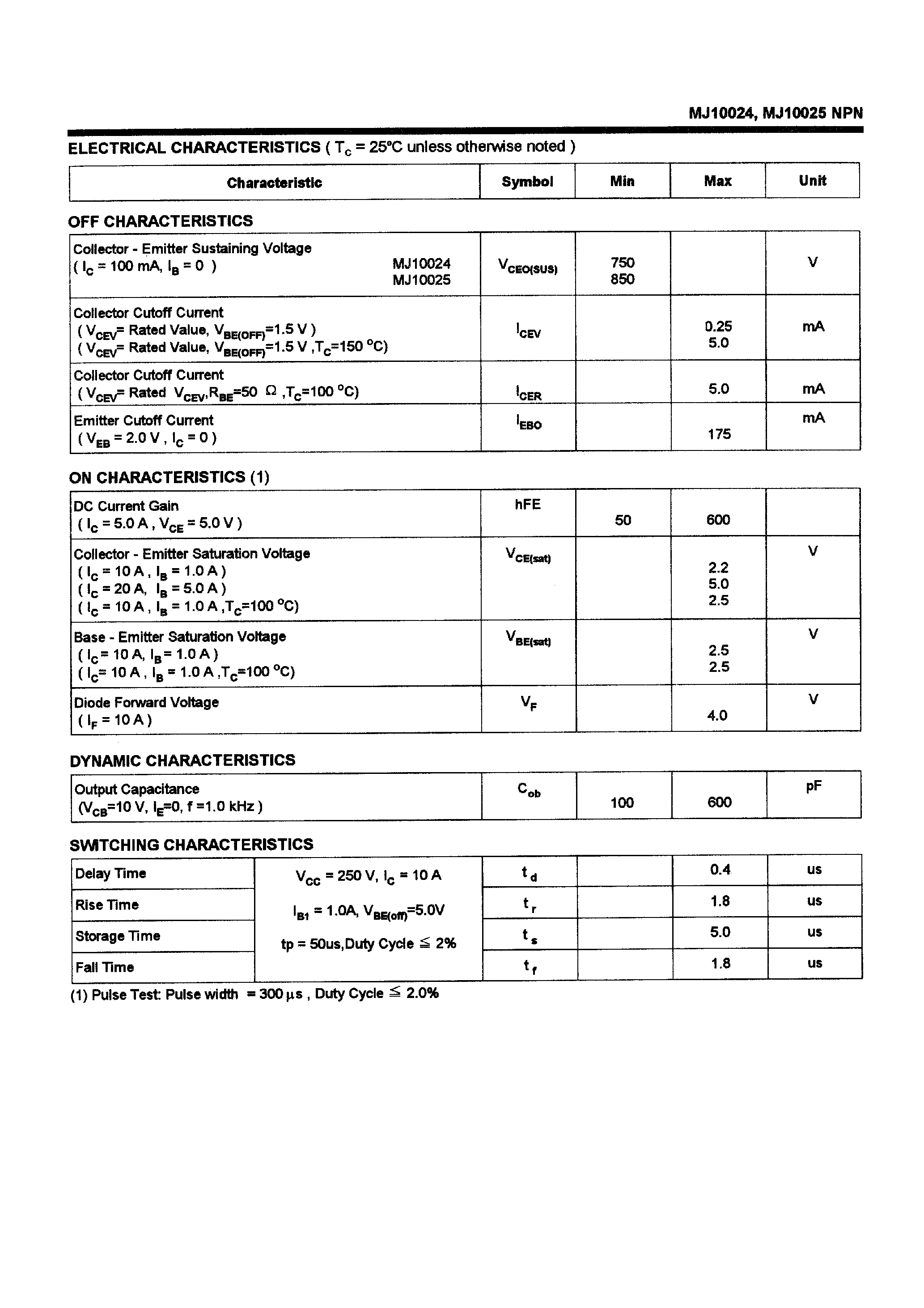 Даташит на микросхему MJ10024 страница 2 Даташит MJ10024 - POWER TRANSISTORS(20A/750-850V/250W) страница 2