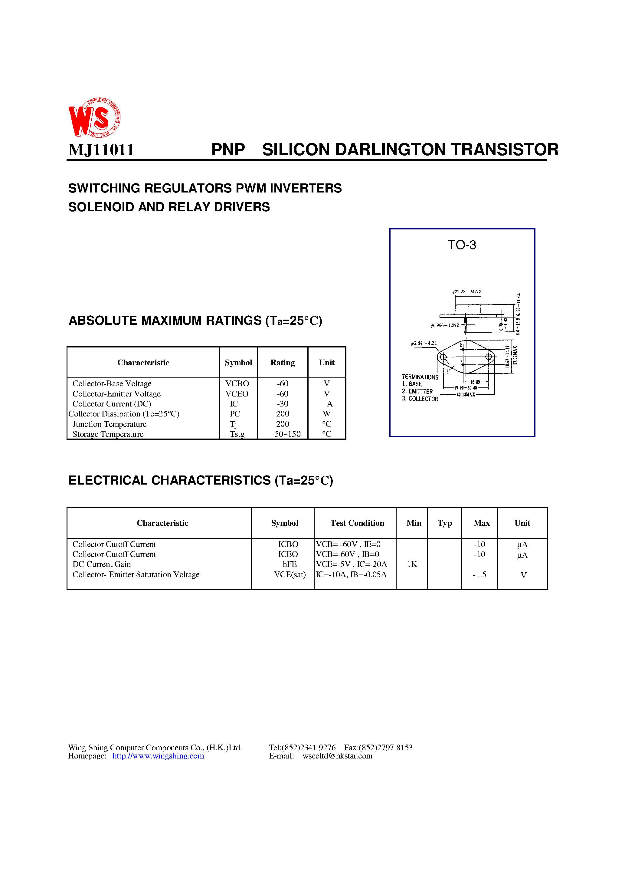 Даташит MJ11011 - PNP SILICON DARLINGTON TRANSISTOR(SWITCHING REGULATORS PWM INVERTERS SOLENOID AND RELAY DRIVERS) страница 1