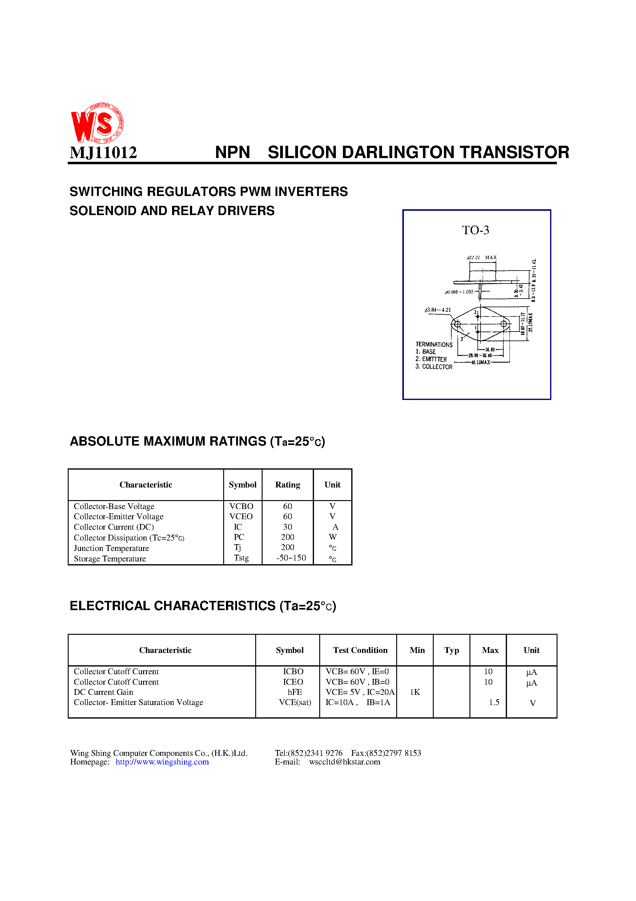 Даташит MJ11012 - NPN SILICON DARLINGTON TRANSISTOR(SWITCHING REGULATORS PWM INVERTERS SOLENOID AND RELAY DRIVERS) страница 1