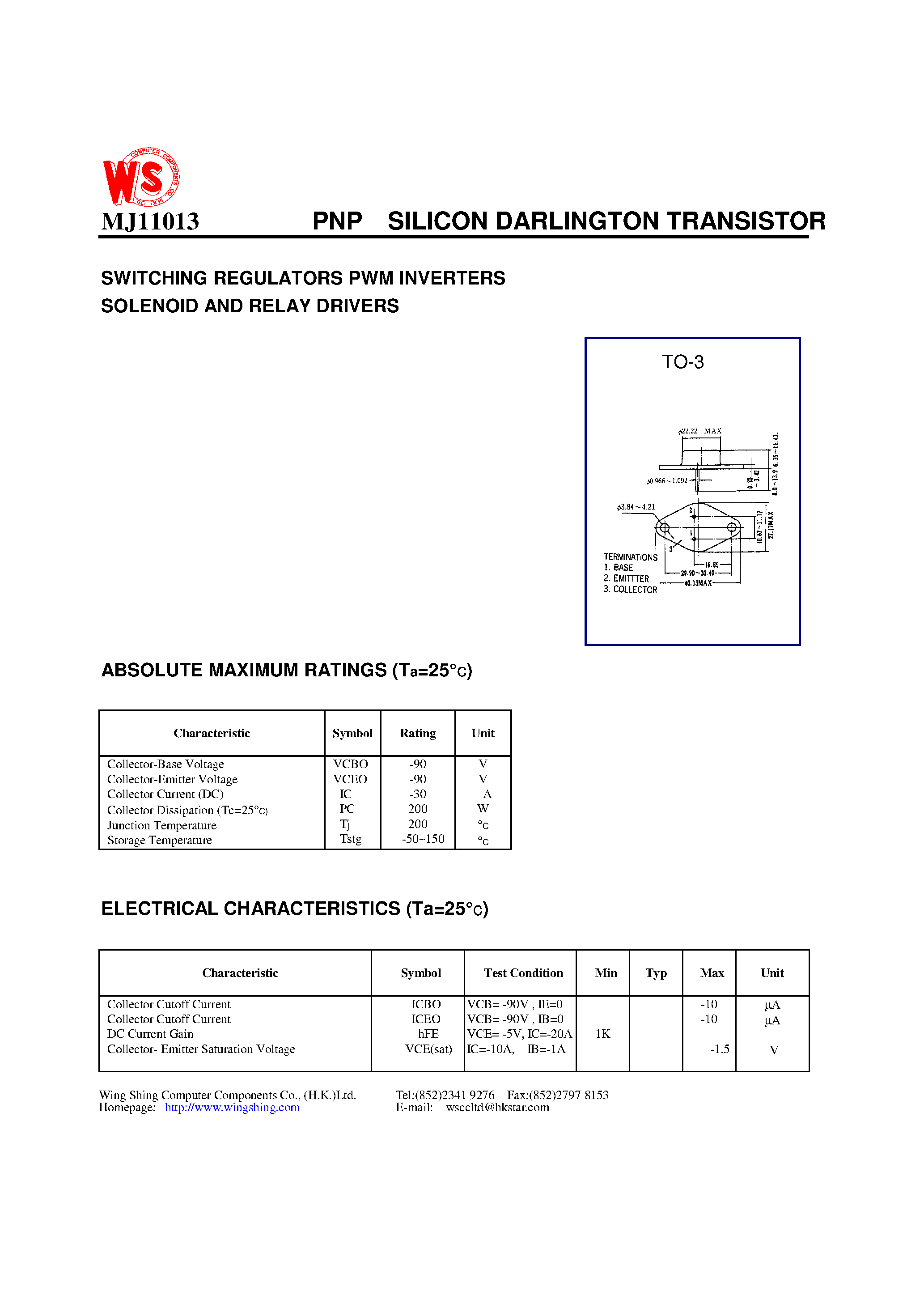 Даташит MJ11013 - PNP SILICON DARLINGTON TRANSISTOR(SWITCHING REGULATORS PWM INVERTERS SOLENOID AND RELAY DRIVERS) страница 1