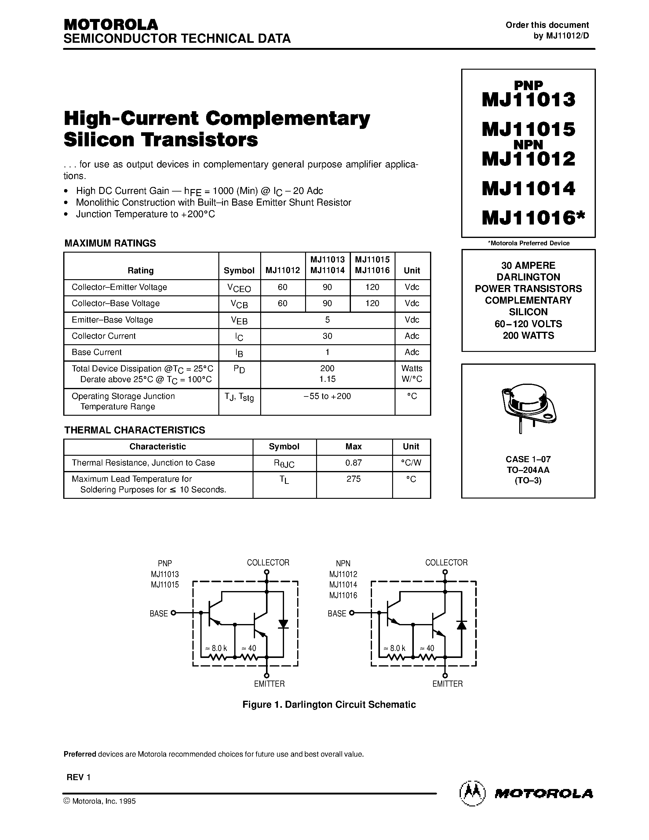 Даташит на микросхему MJ11014 страница 1 Даташит MJ11014 - 30 AMPERE DARLINGTON POWER TRANSISTORS COMPLEMENTARY SILICON 60.120 VOLTS 200 WATTS страница 1