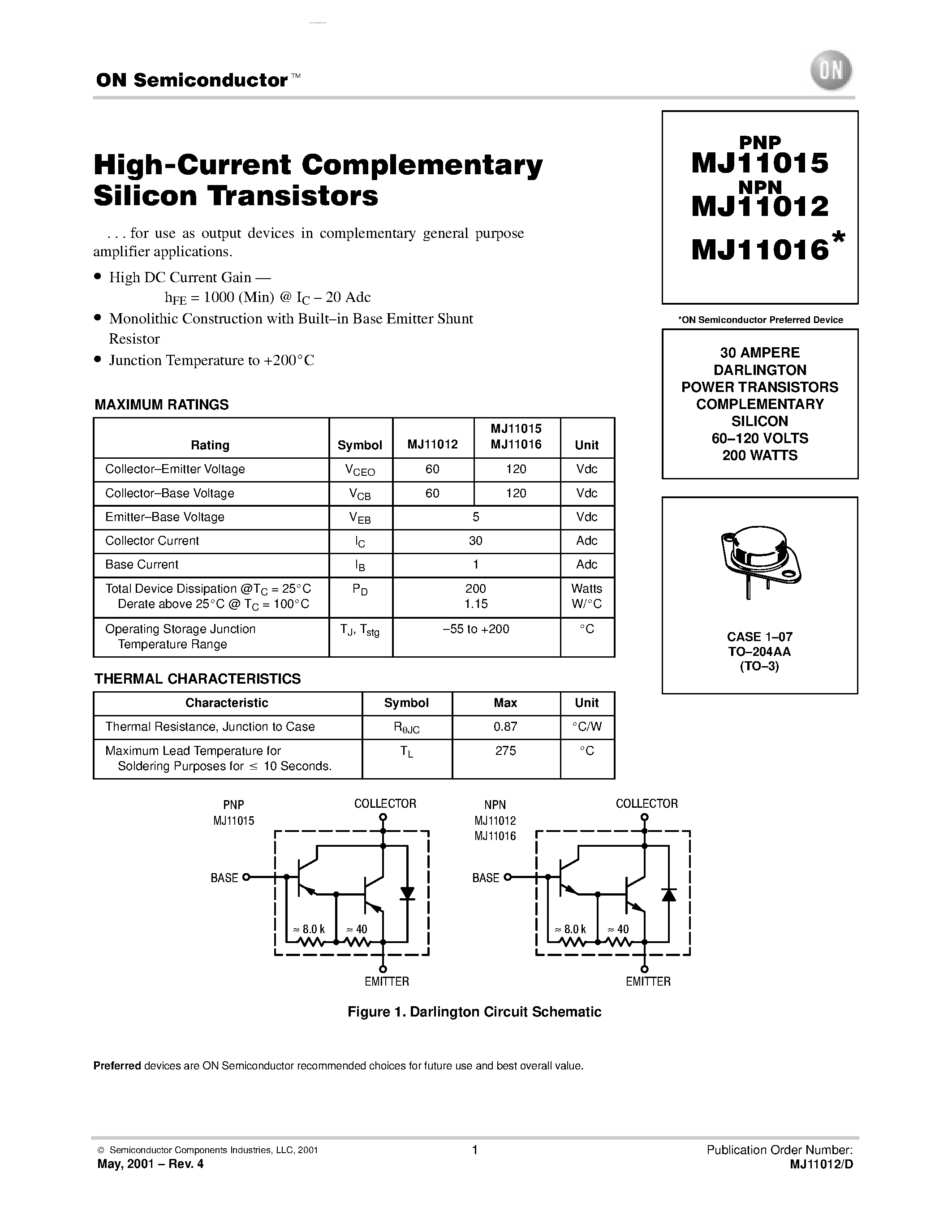 Даташит MJ11016 - DARLINGTON POWER TRANSISTORS COMPLEMENTARY SILICON страница 1