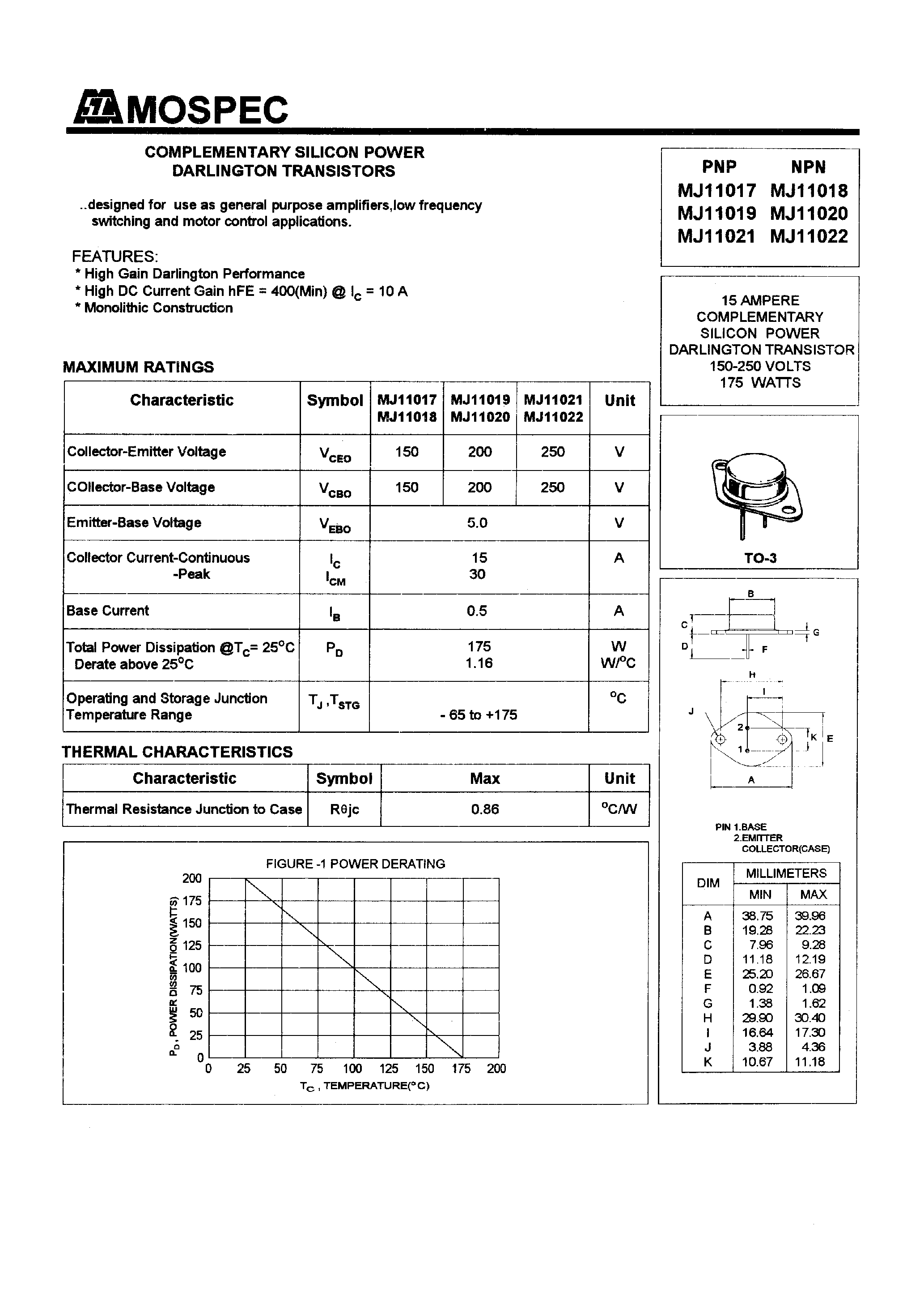 Даташит на микросхему MJ11017 страница 1 Даташит MJ11017 - POWER TRANSISTORS(15A/150-250V/175W) страница 1