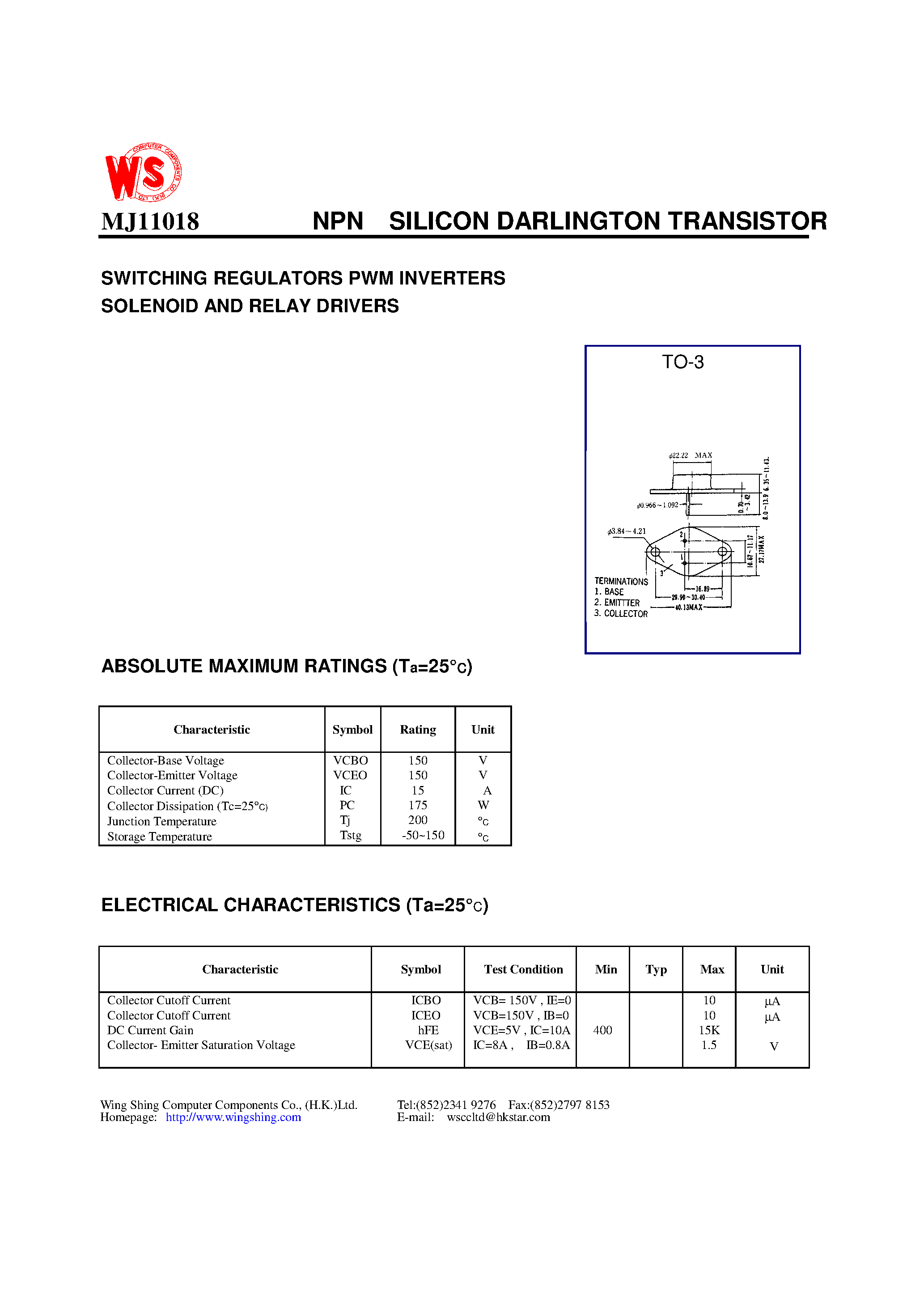 Даташит MJ11018 - NPN SILICON DARLINGTON TRANSISTOR(SWITCHING REGULATORS PWM INVERTERS SOLENOID AND RELAY DRIVERS) страница 1