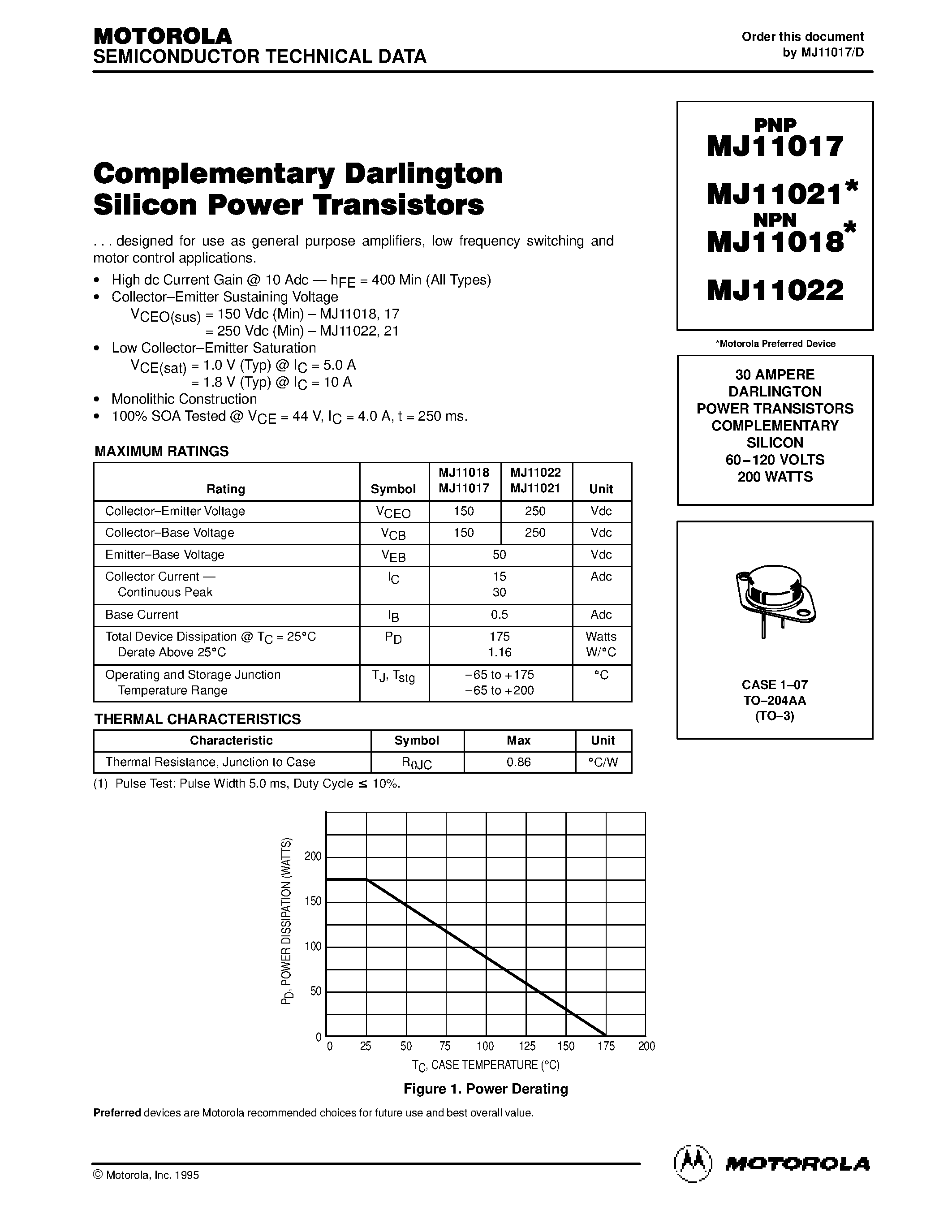 Даташит на микросхему MJ11018 страница 1 Даташит MJ11018 - 30 AMPERE DARLINGTON POWER TRANSISTORS COMPLEMENTARY SILICON 60.120 VOLTS 200 WATTS страница 1