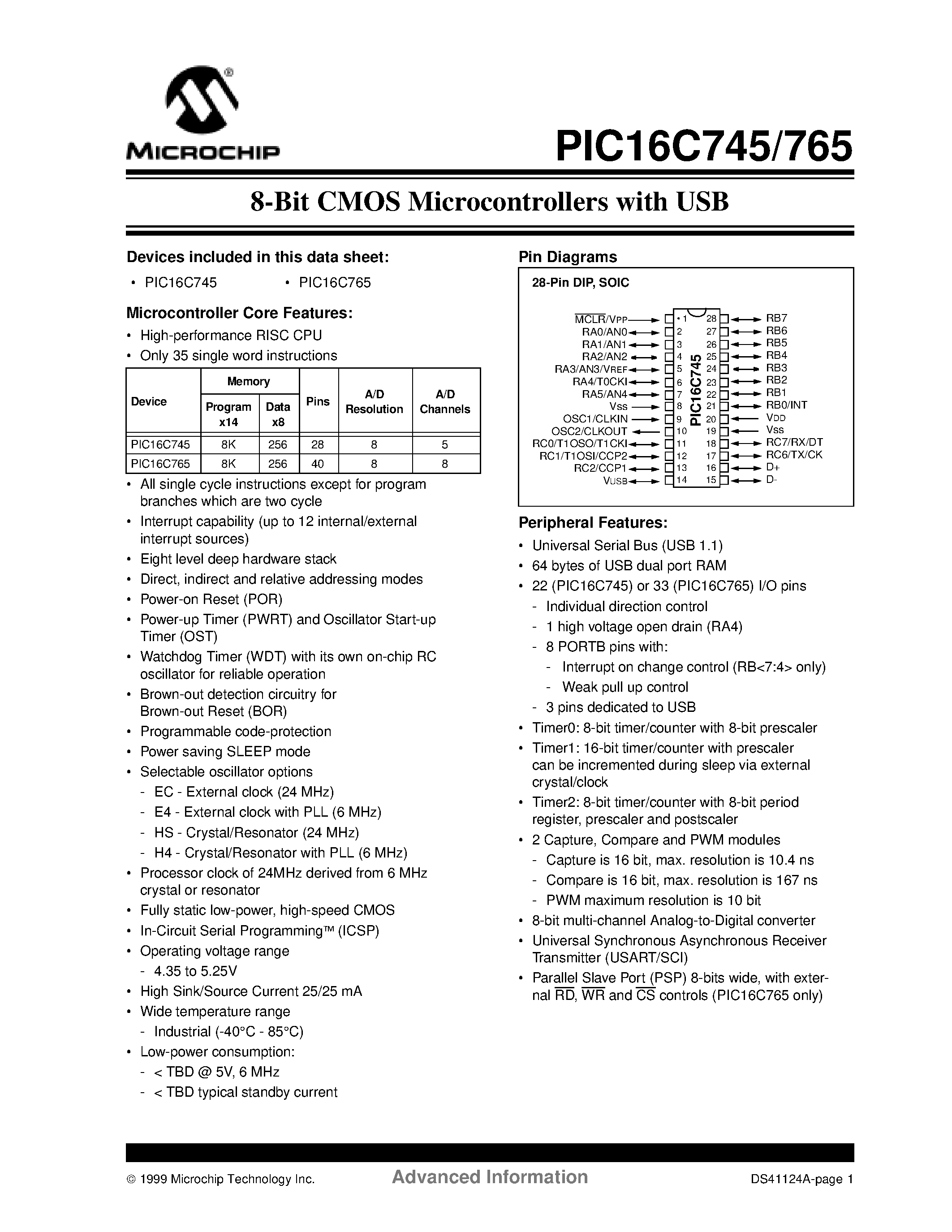 Datasheet PIC16C765TI/L page 1 Datasheet PIC16C765TI/L - 8-Bit CMOS Microcontrollers with USB page 1