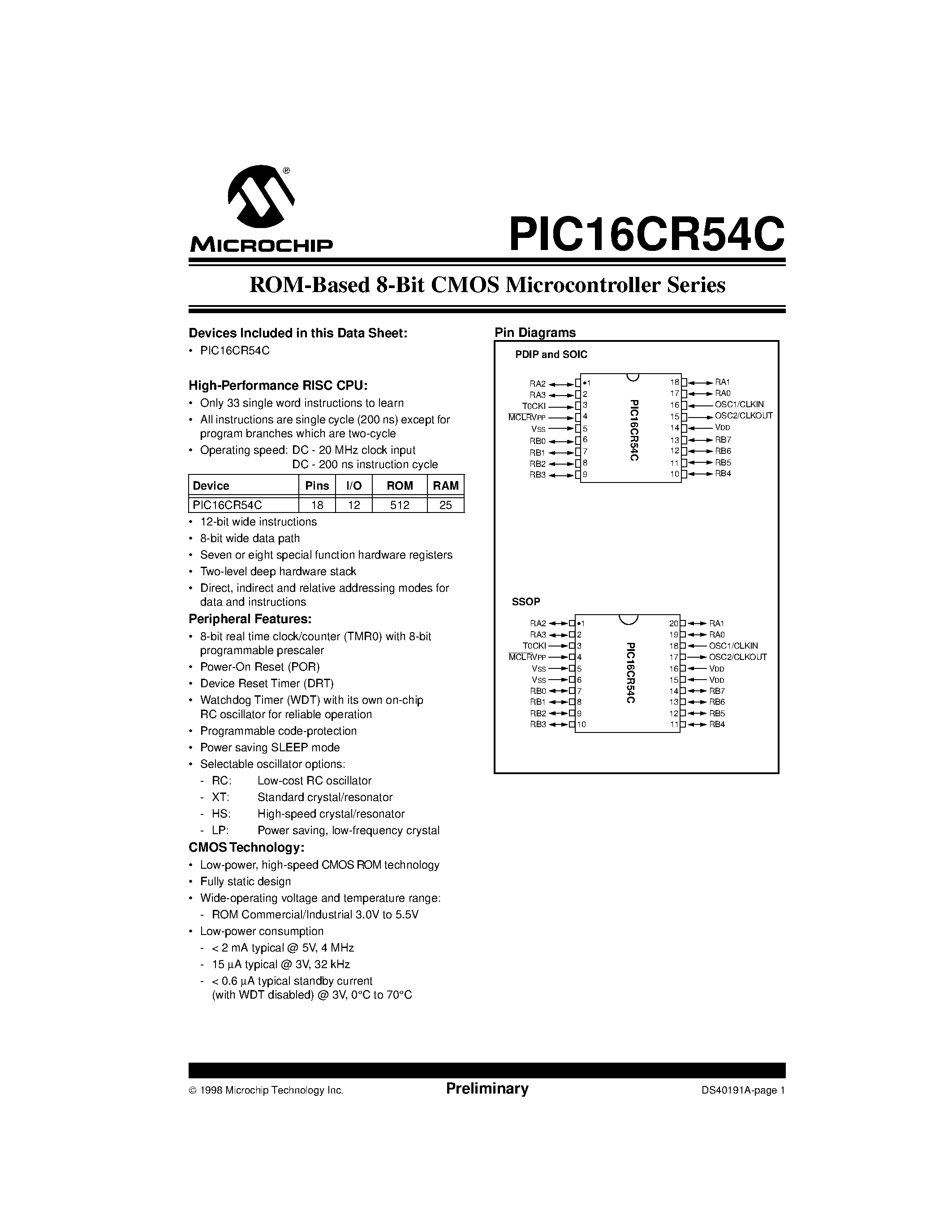 Datasheet PIC16CR58B-20I/SS - ROM-Based 8-Bit CMOS Microcontroller Series page 1