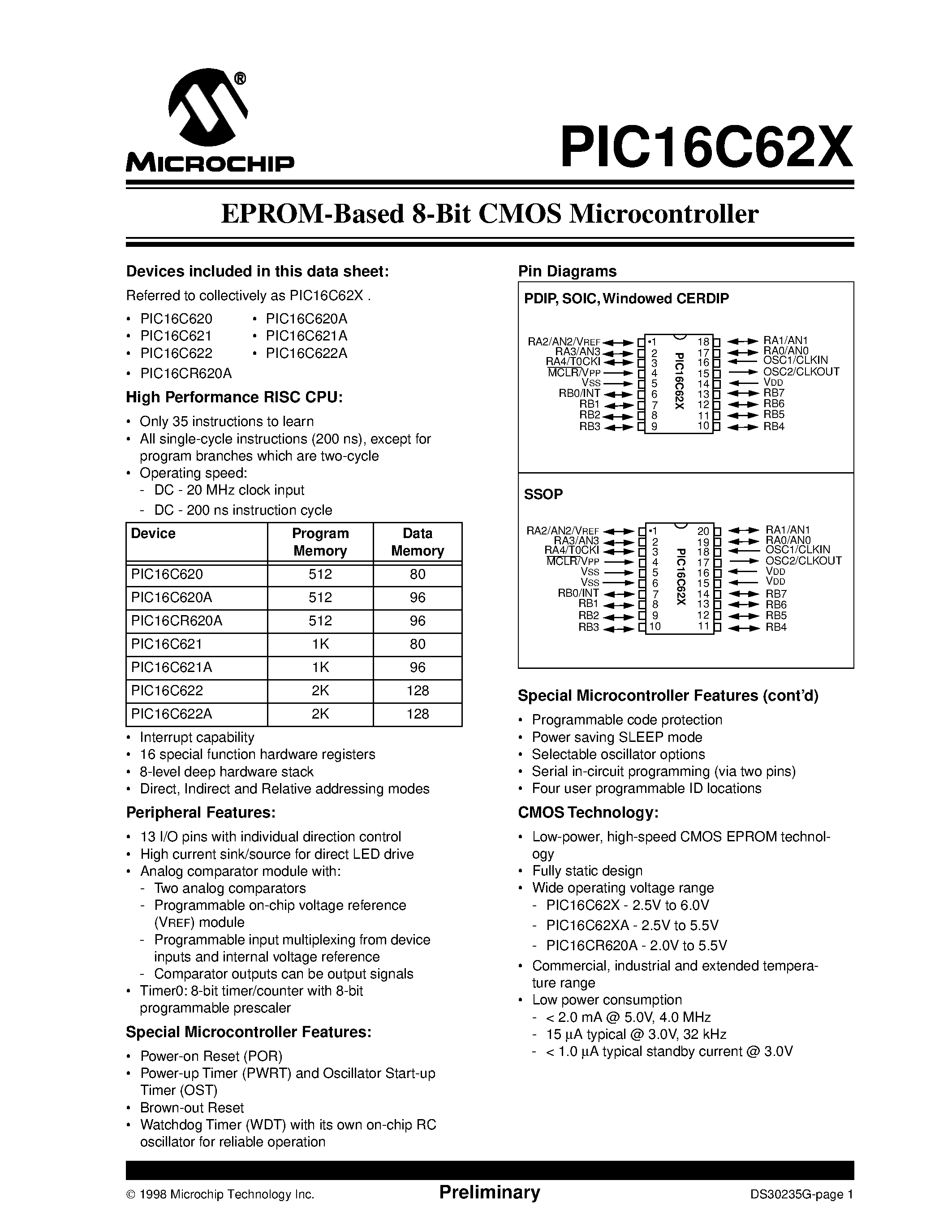 Datasheet PIC16CR620A-20/SS page 1 Datasheet PIC16CR620A-20/SS - EPROM-Based 8-Bit CMOS Microcontroller page 1