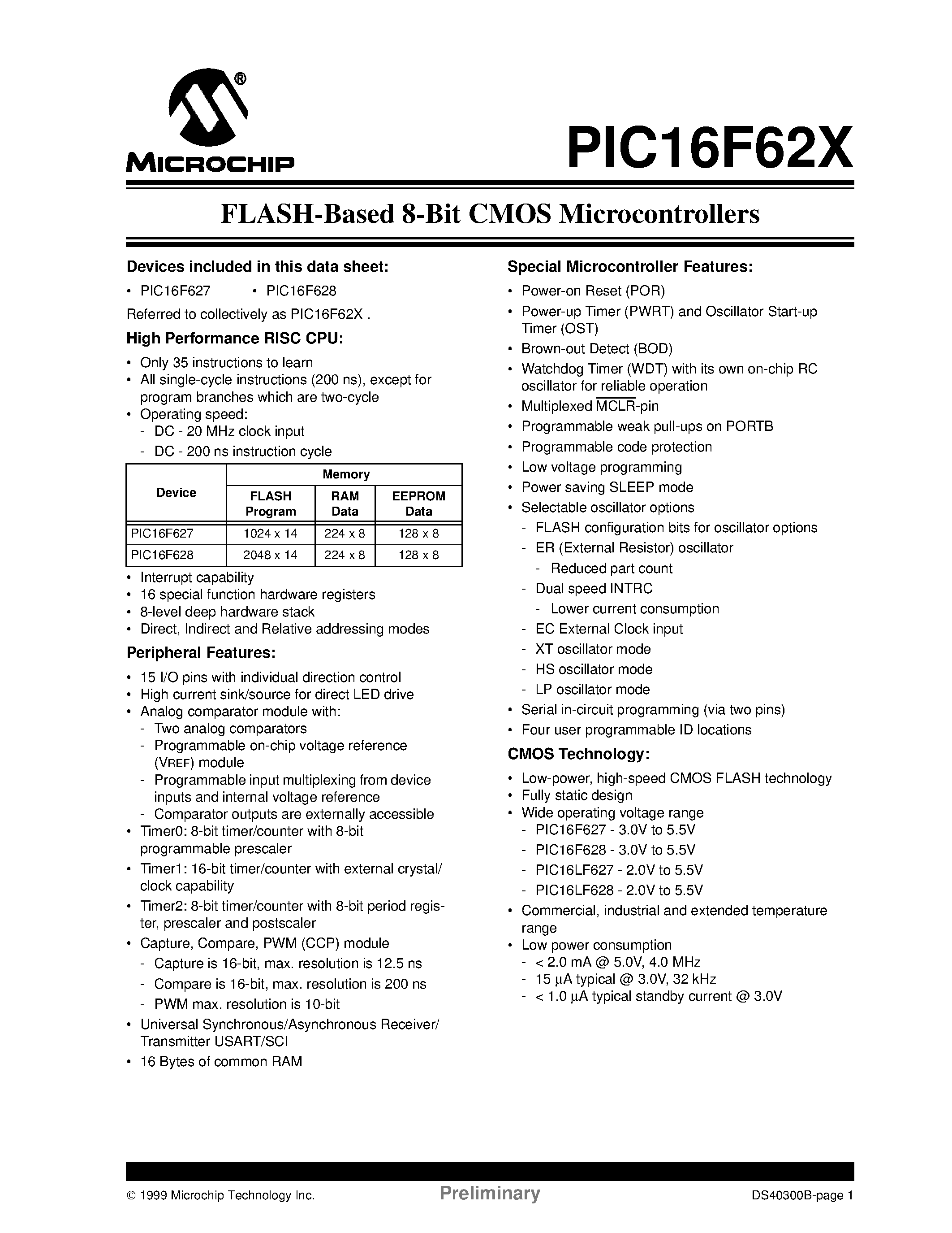 Даташит PIC16F628T-04E/SO - FLASH-Based 8-Bit CMOS Microcontrollers страница 1