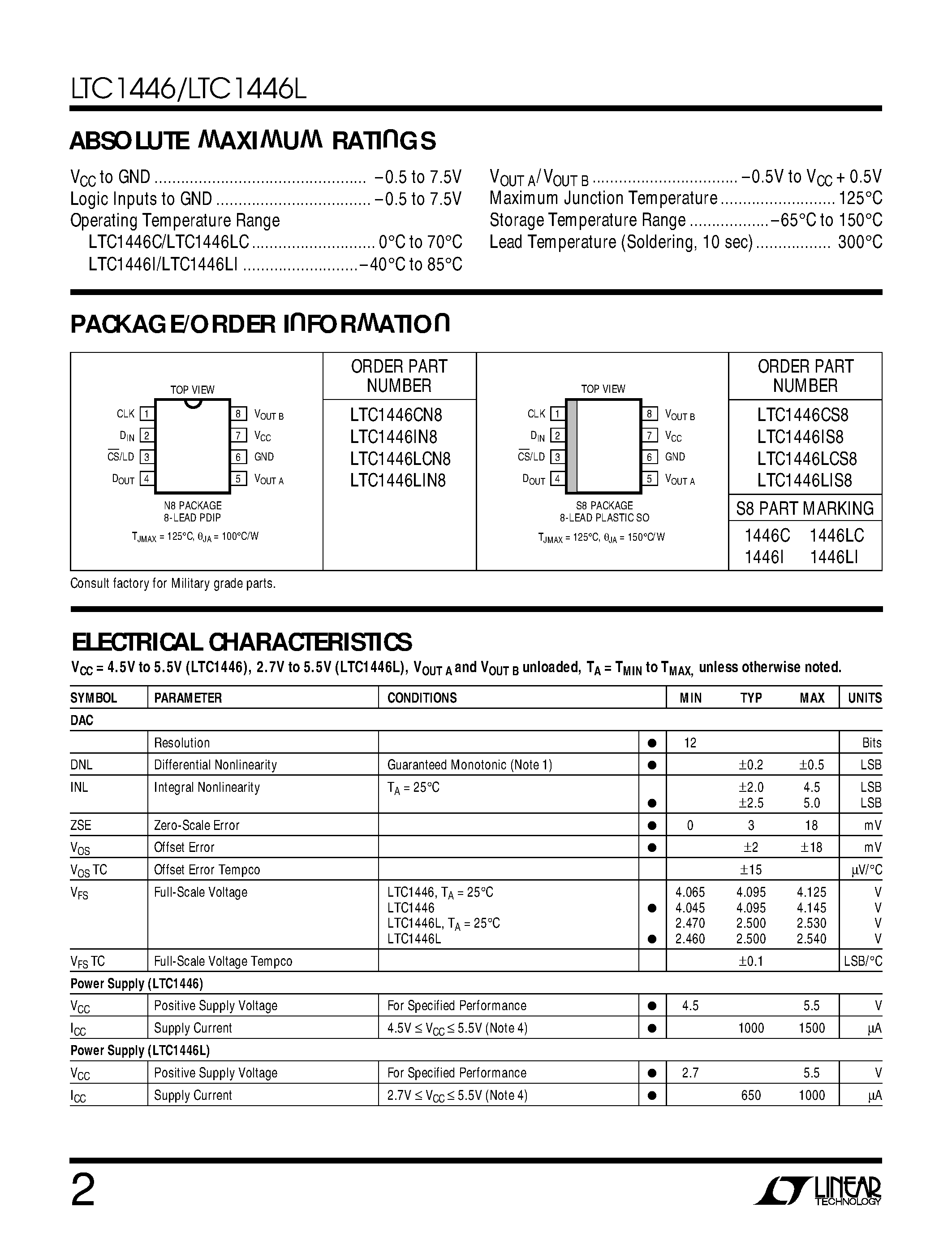 Datasheet LTC1446LIN8 page 2 Datasheet LTC1446LIN8 - Dual 12-Bit Rail-to-Rail Micropower DACs in SO-8 page 2