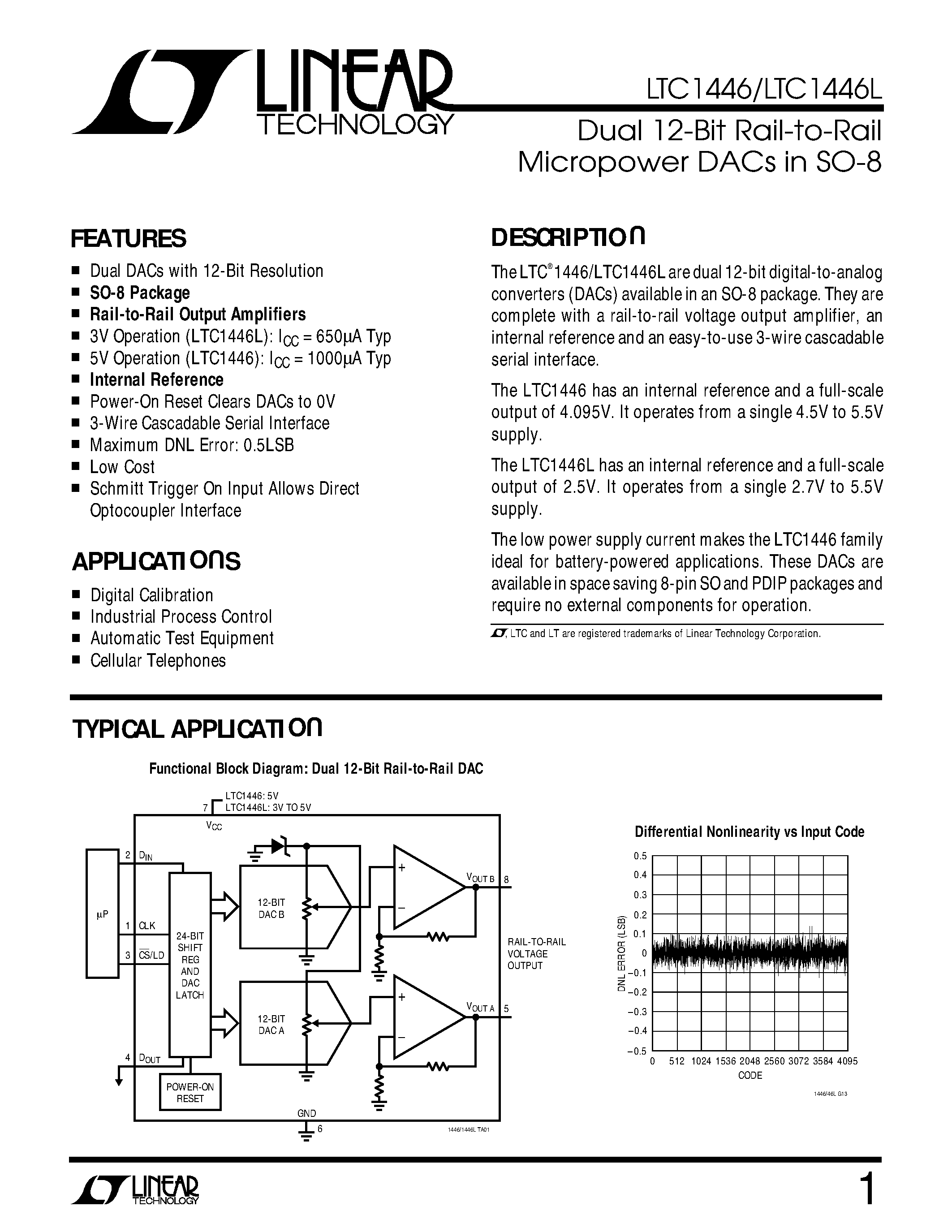 Datasheet LTC1446LIS8 - Dual 12-Bit Rail-to-Rail Micropower DACs in SO-8 page 1