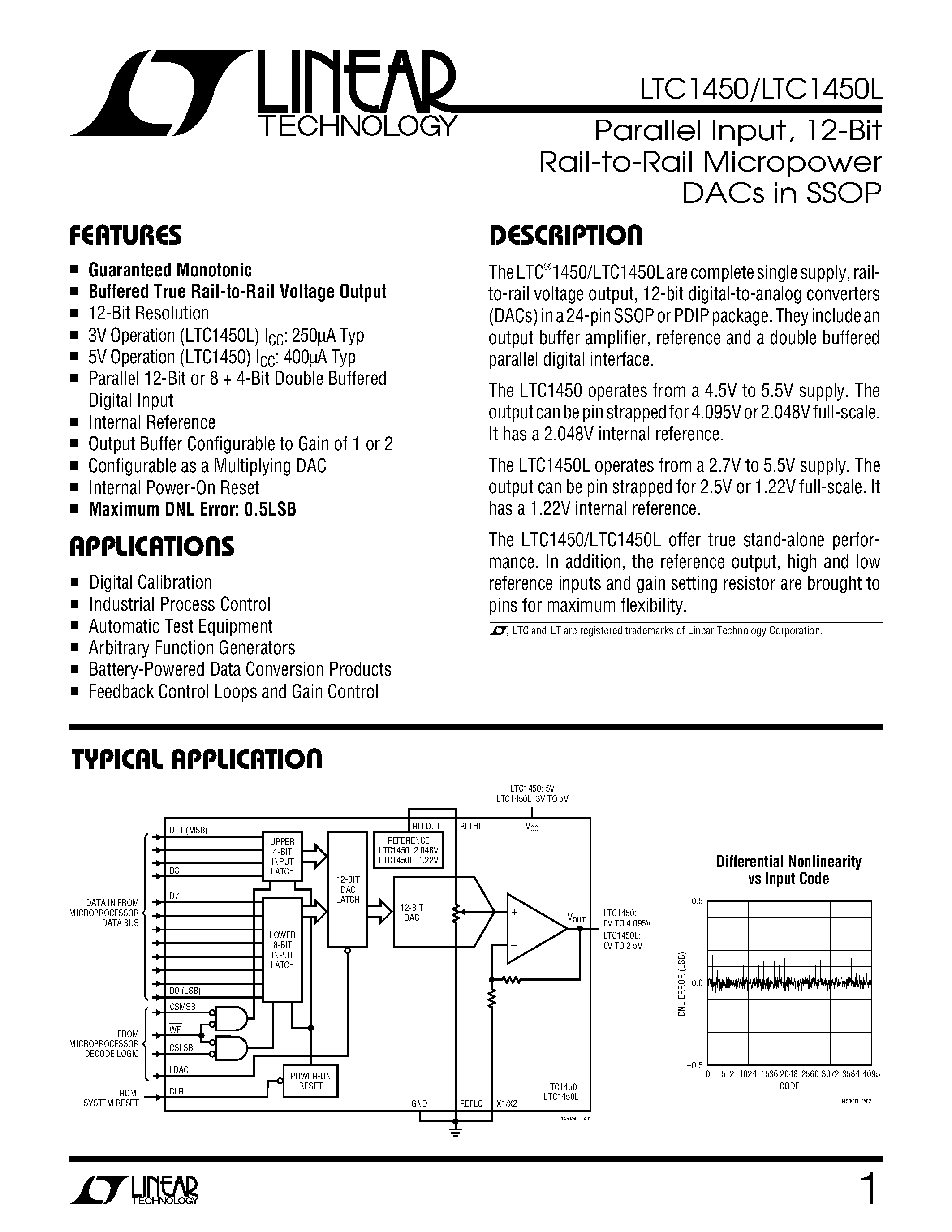 Datasheet LTC1450IG - Parallel Input/ 12-Bit Rail-to-Rail Micropower DACs in SSOP page 1