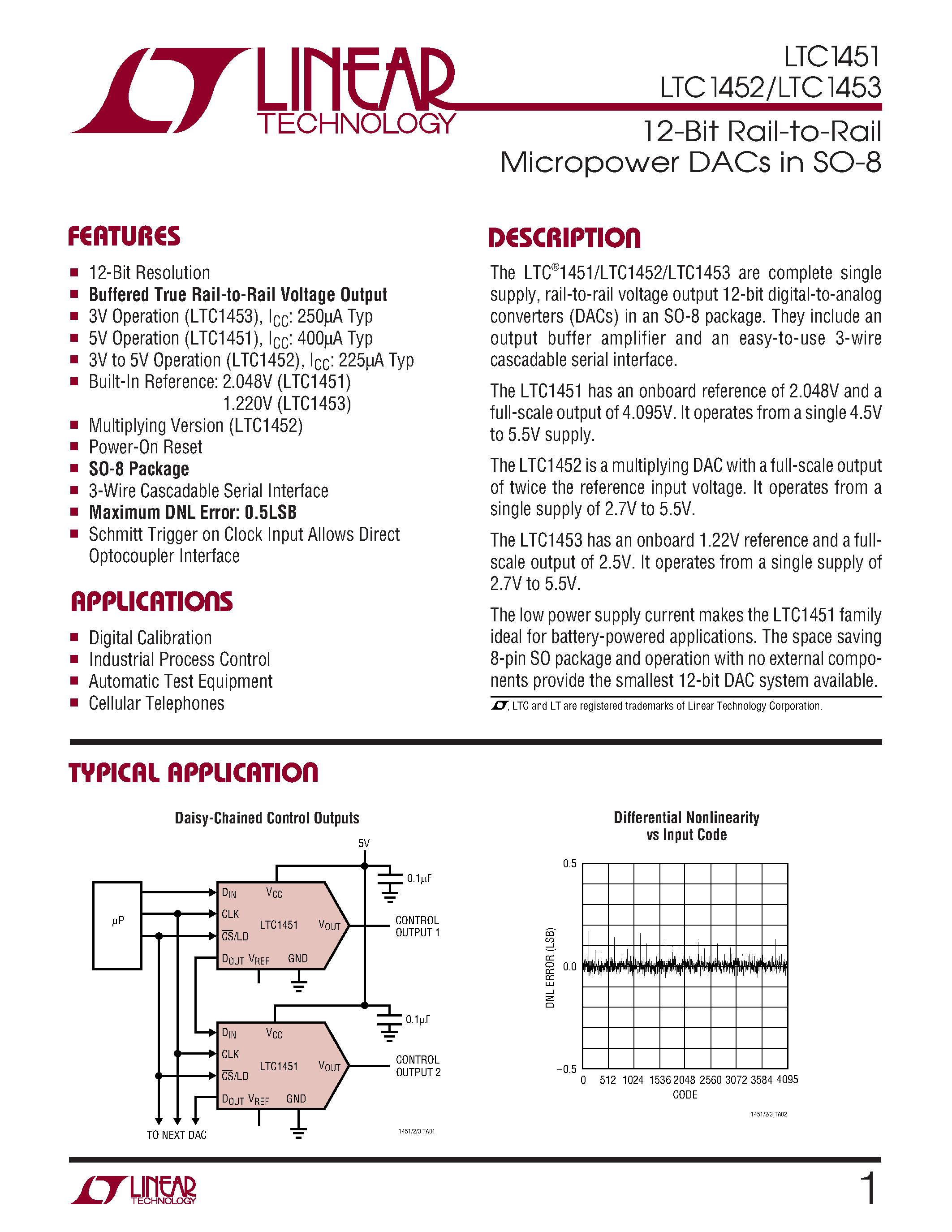 Datasheet LTC1452IN8 - 12-Bit Rail-to-Rail Micropower DACs in SO-8 page 1