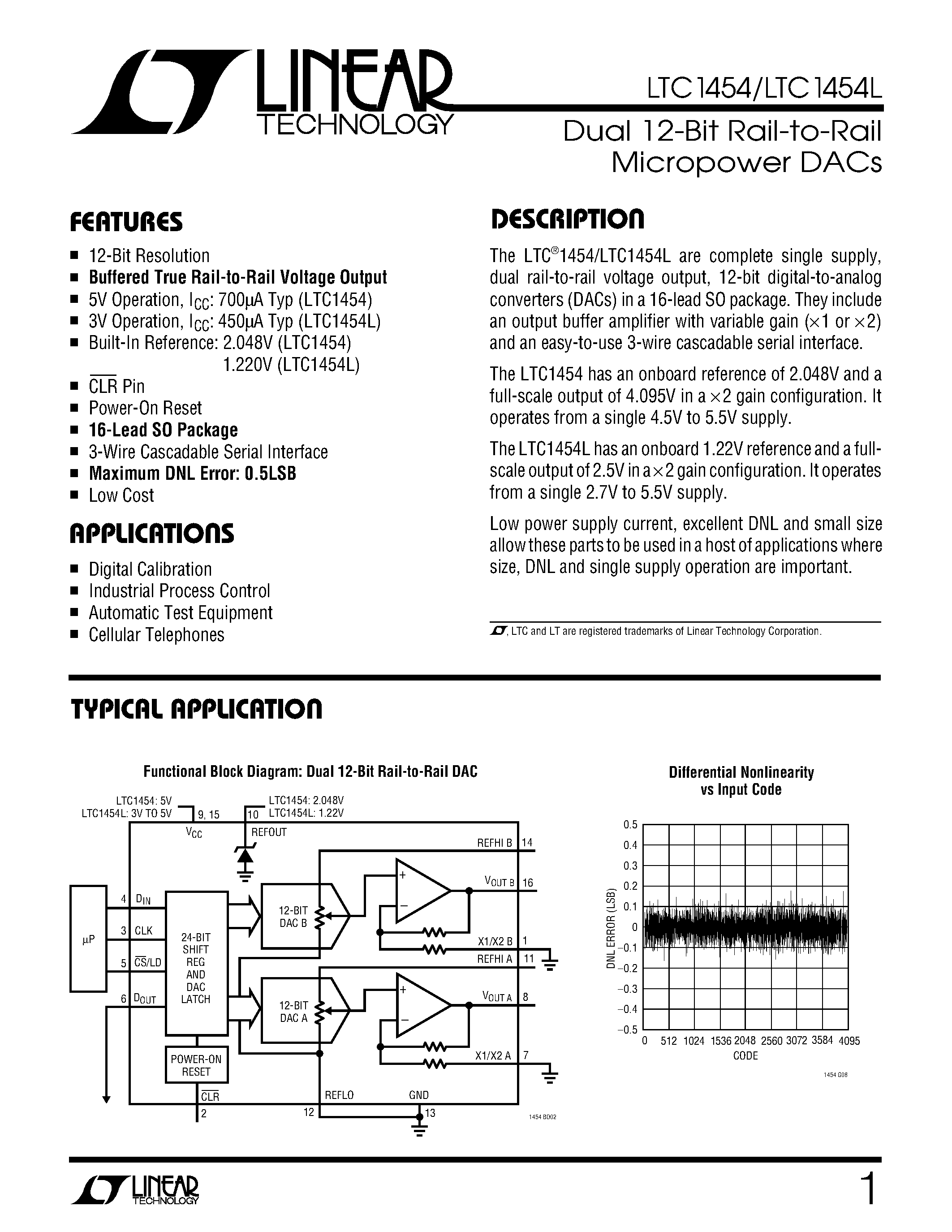 Datasheet LTC1454IS page 1 Datasheet LTC1454IS - Dual 12-Bit Rail-to-Rail Micropower DACs page 1
