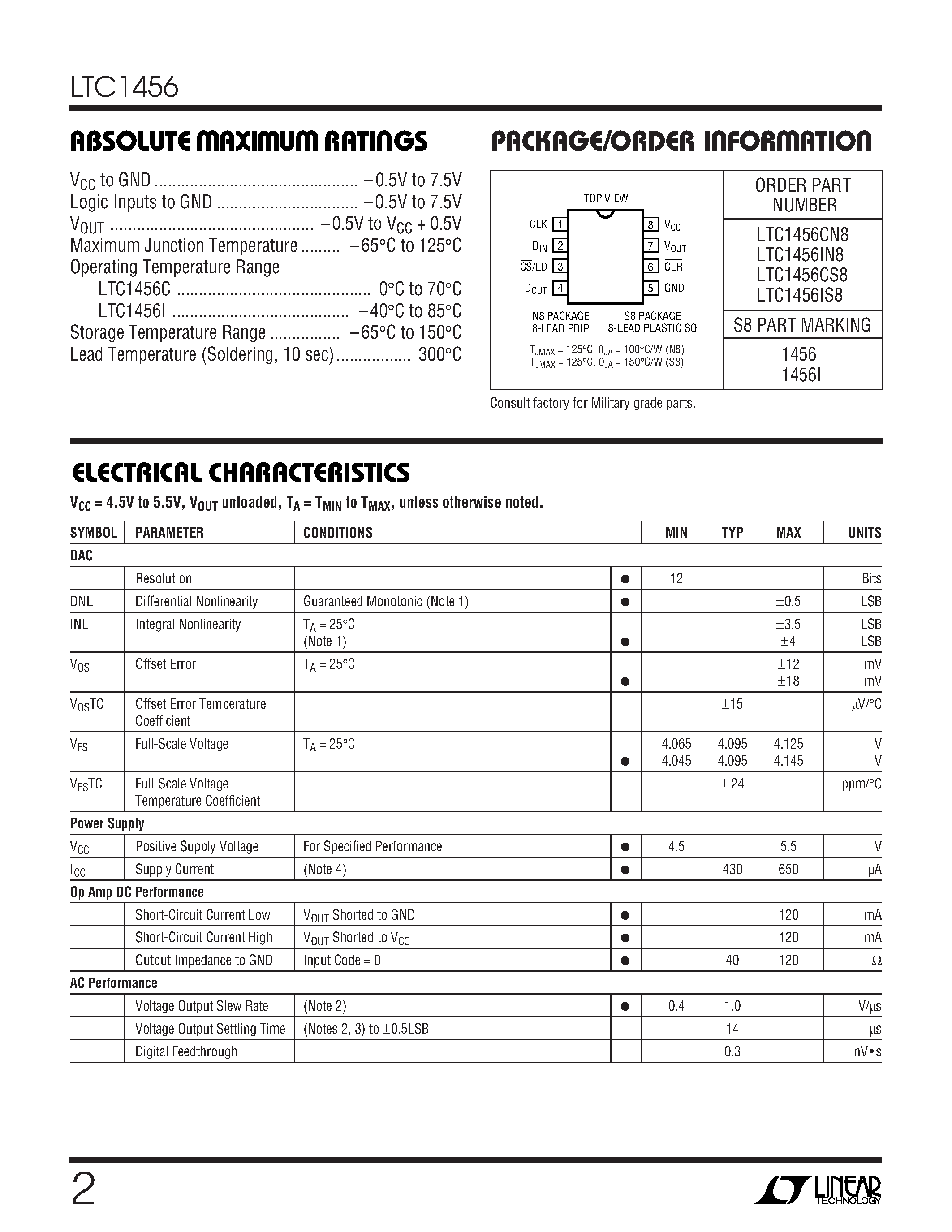 Datasheet LTC1456C - 12-Bit Rail-to-Rail Micropower DAC with Clear Input page 2