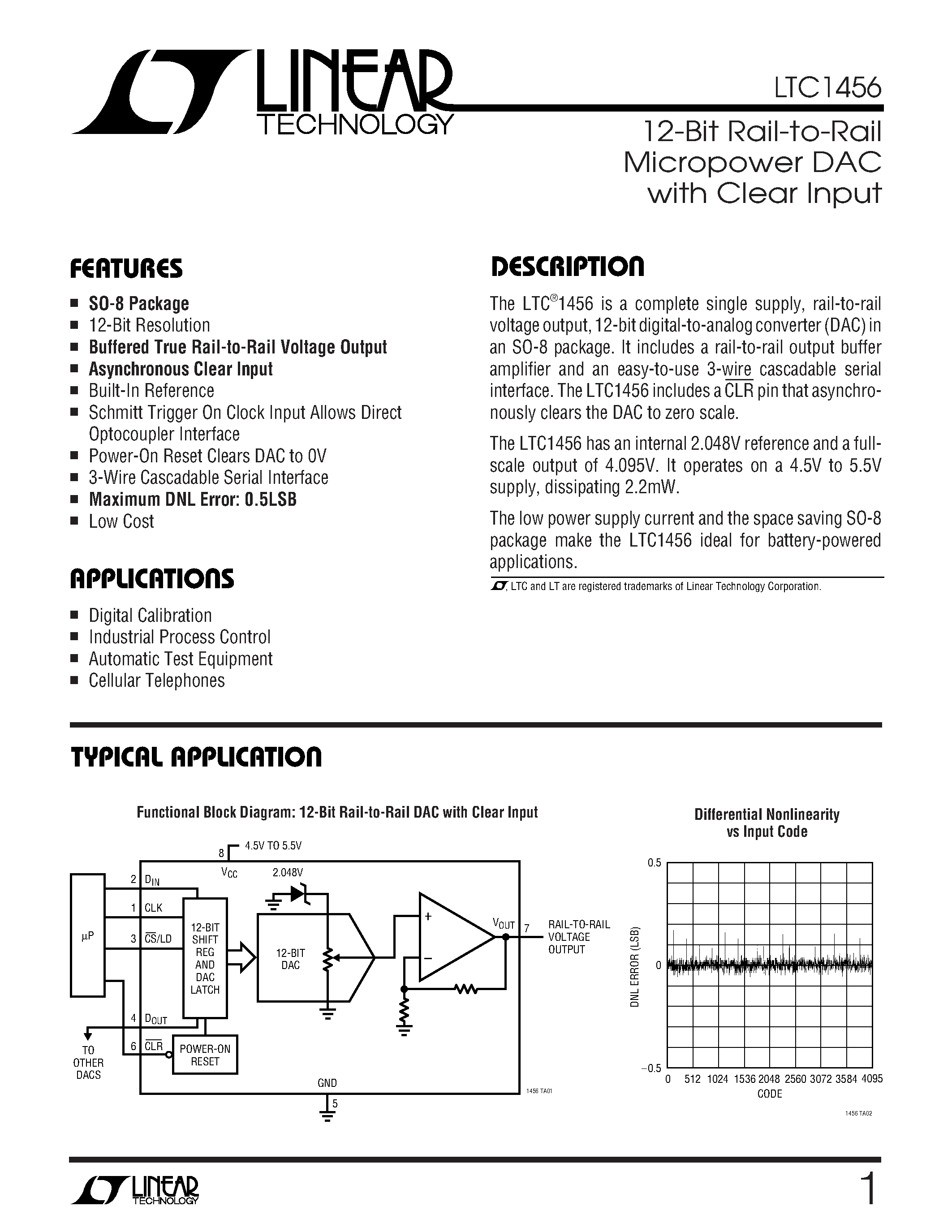 Datasheet LTC1456IN8 - 12-Bit Rail-to-Rail Micropower DAC with Clear Input page 1