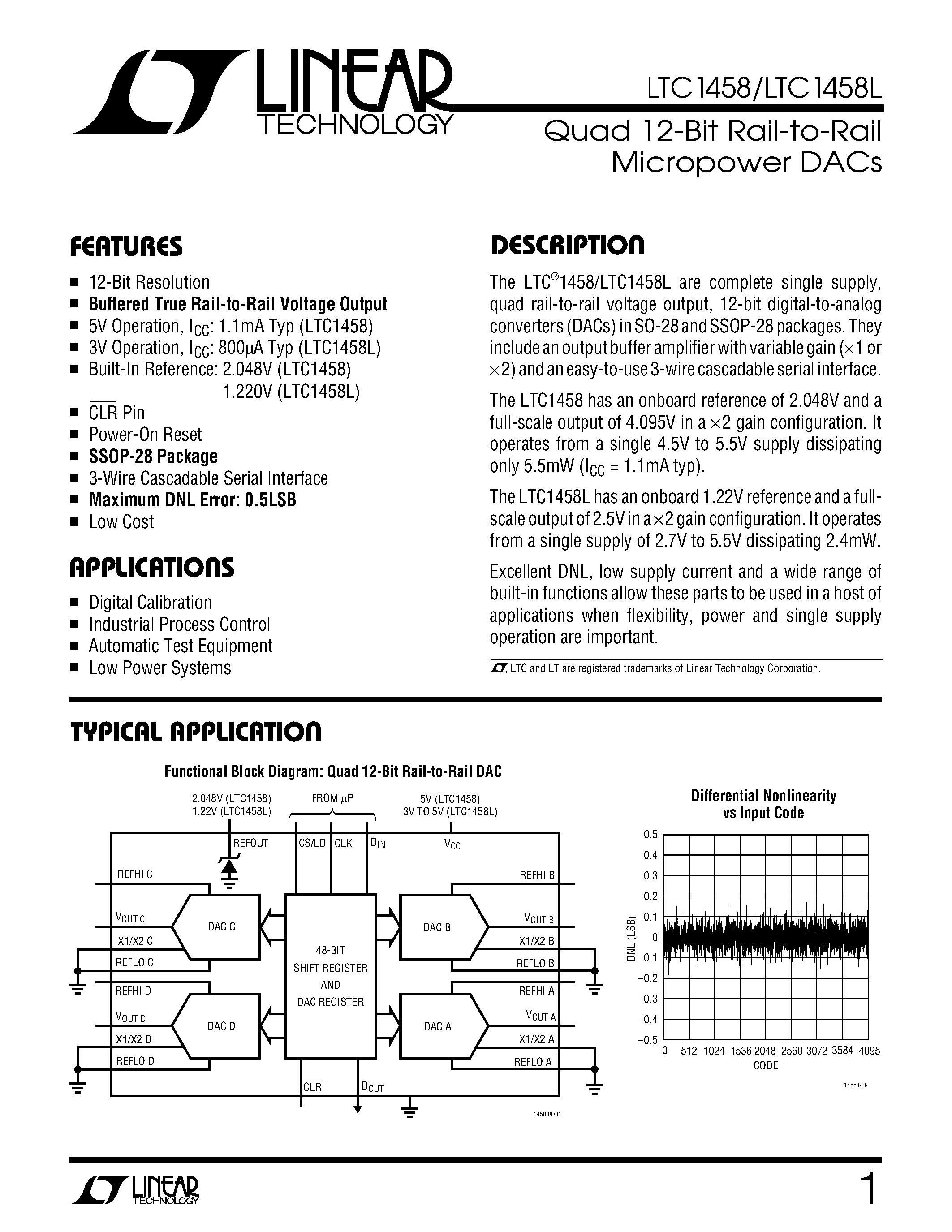 Datasheet LTC1458L page 1 Datasheet LTC1458L - Quad 12-Bit Rail-to-Rail Micropower DACs page 1