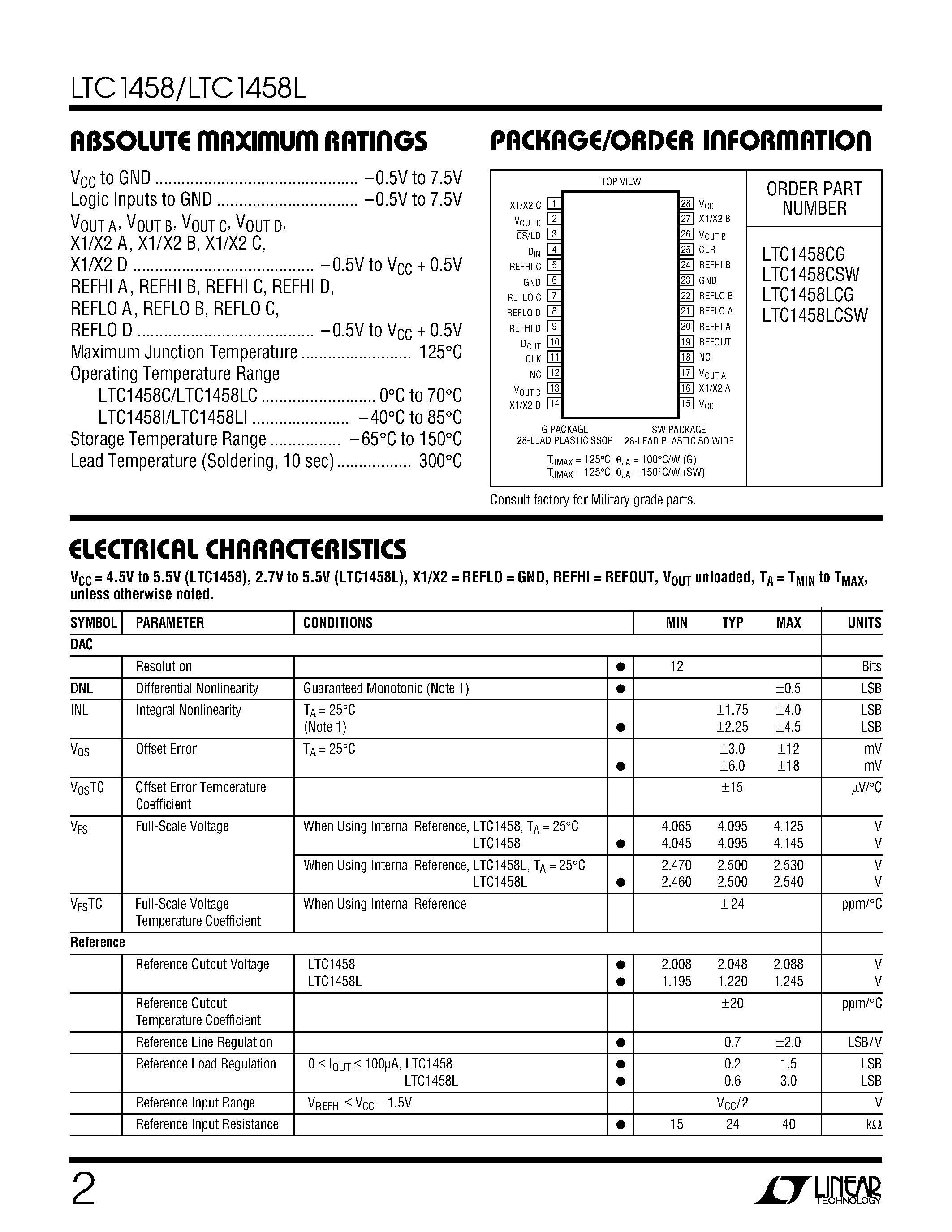 Datasheet LTC1458L page 2 Datasheet LTC1458L - Quad 12-Bit Rail-to-Rail Micropower DACs page 2