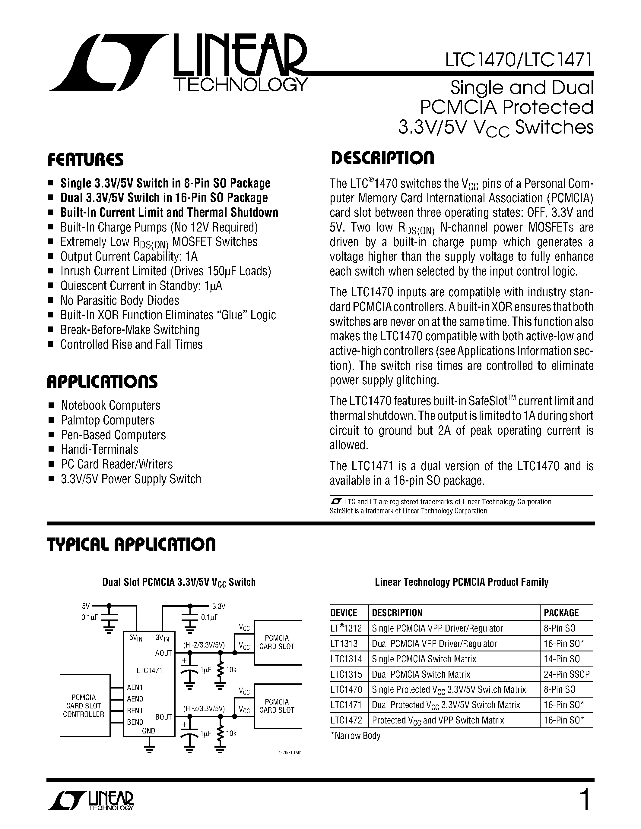 Datasheet LTC1470 - Single and Dual PCMCIA Protected 3.3V/5V VCC Switches page 1