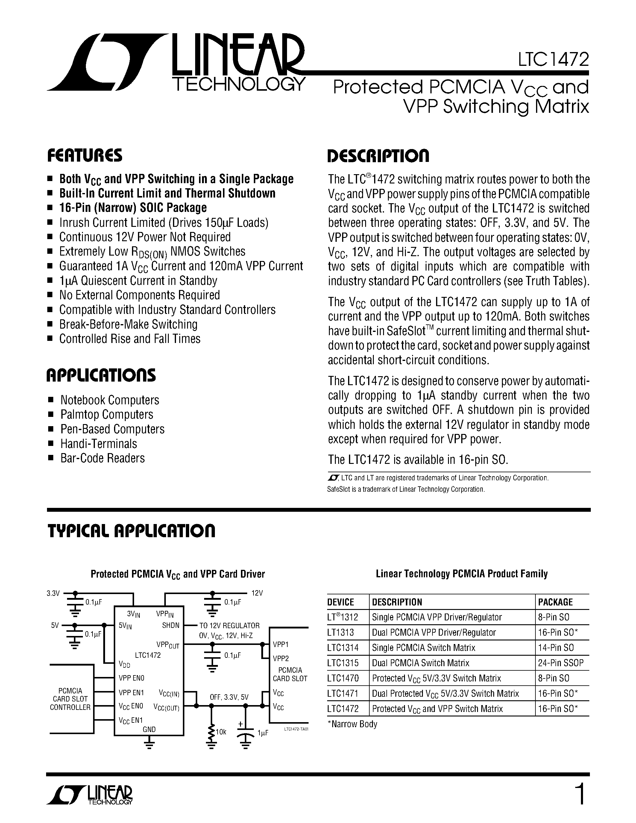 Datasheet LTC1472 page 1 Datasheet LTC1472 - Protected PCMCIA VCC and VPP Switching Matrix page 1