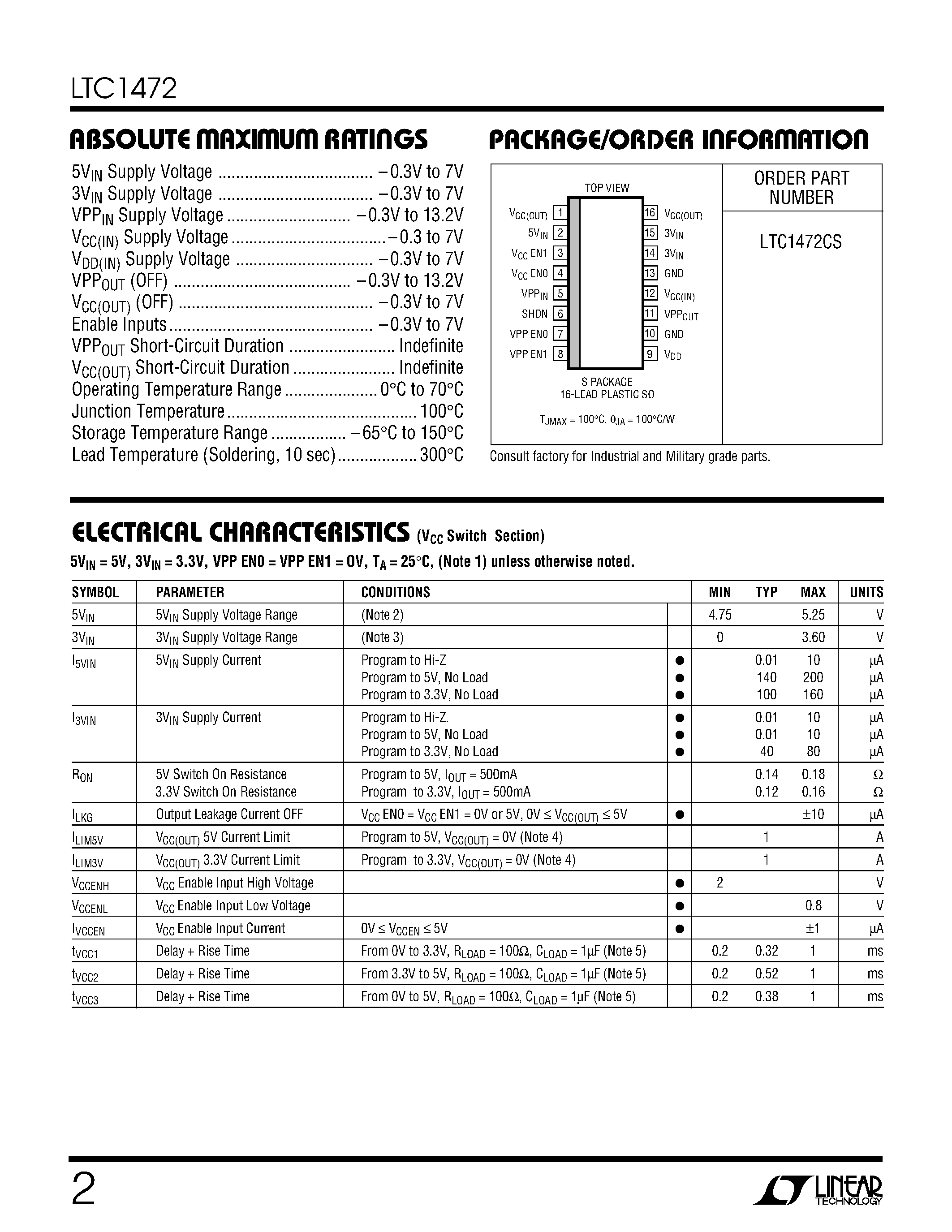 Datasheet LTC1472 page 2 Datasheet LTC1472 - Protected PCMCIA VCC and VPP Switching Matrix page 2