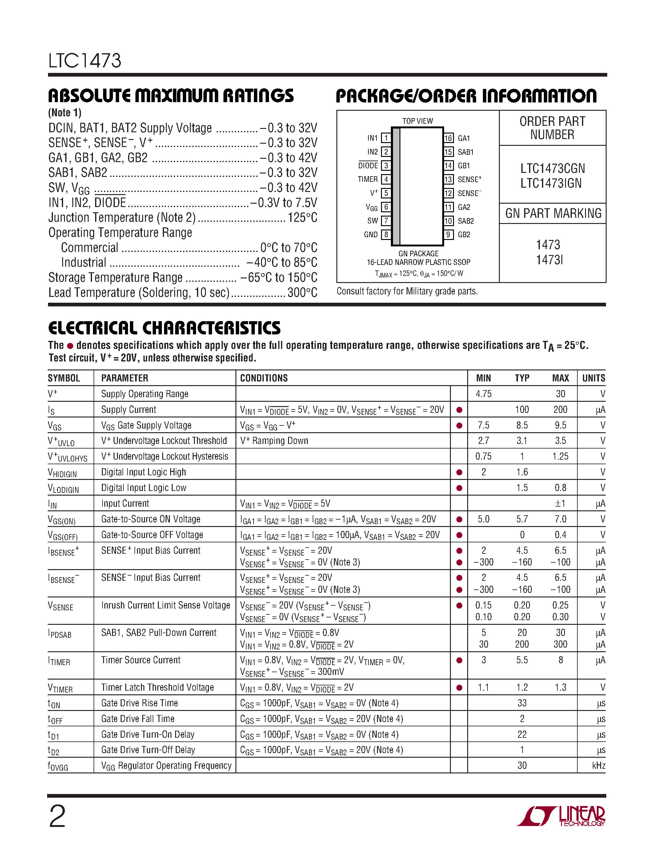 Datasheet LTC1473CGN page 2 Datasheet LTC1473CGN - Dual PowerPathTM Switch Driver page 2
