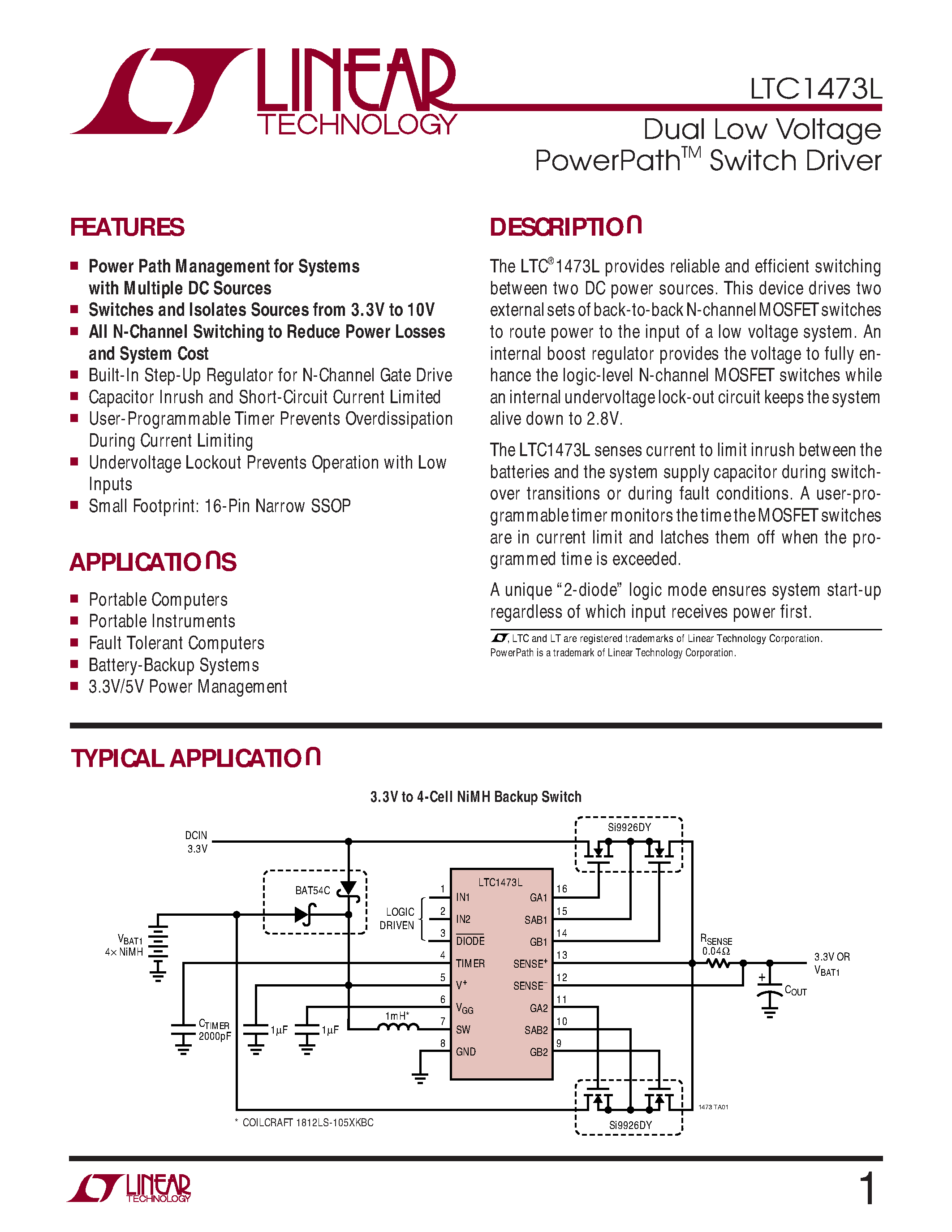Datasheet LTC1473L - Dual Low Voltage PowerPathTM Switch Driver page 1