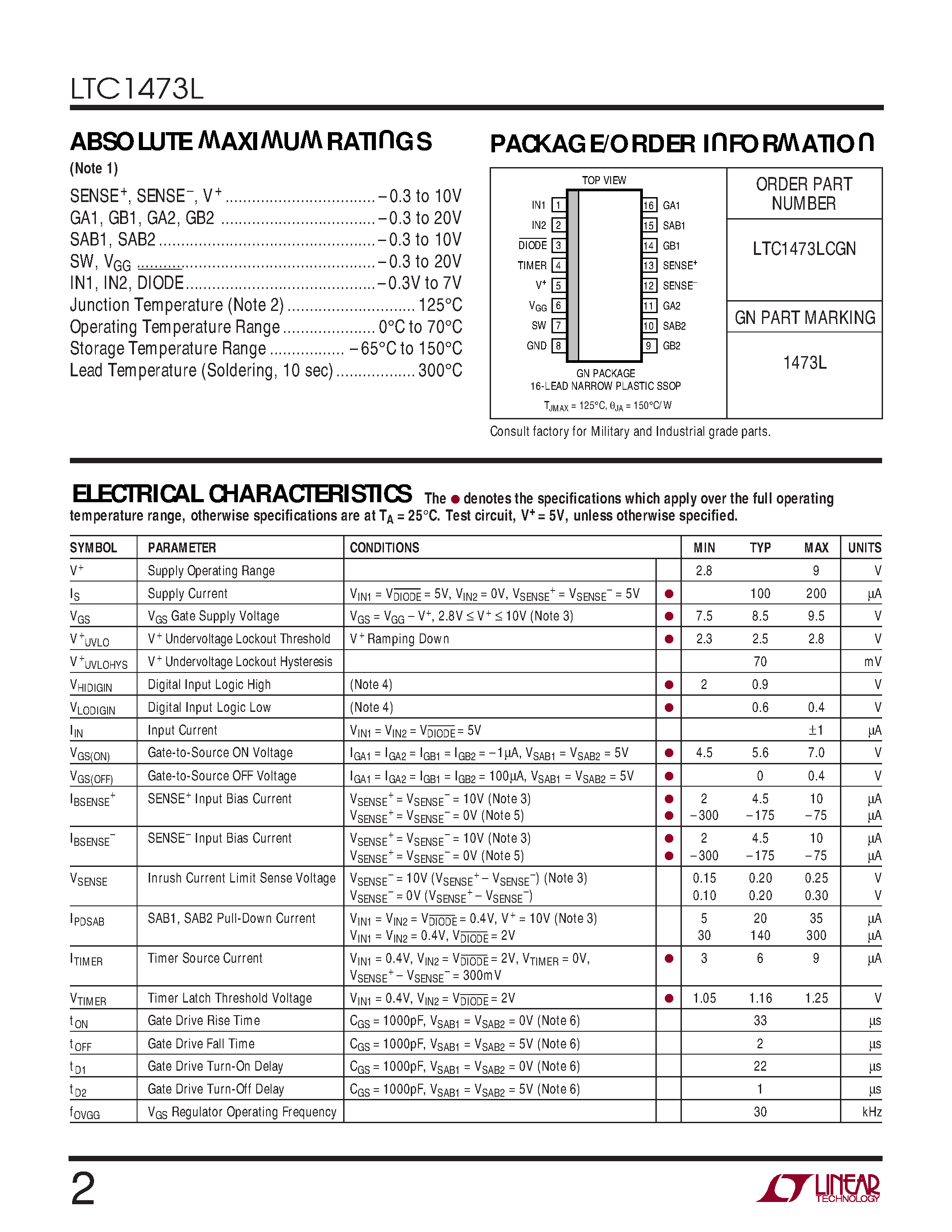 Datasheet LTC1473LCGN - Dual Low Voltage PowerPathTM Switch Driver page 2