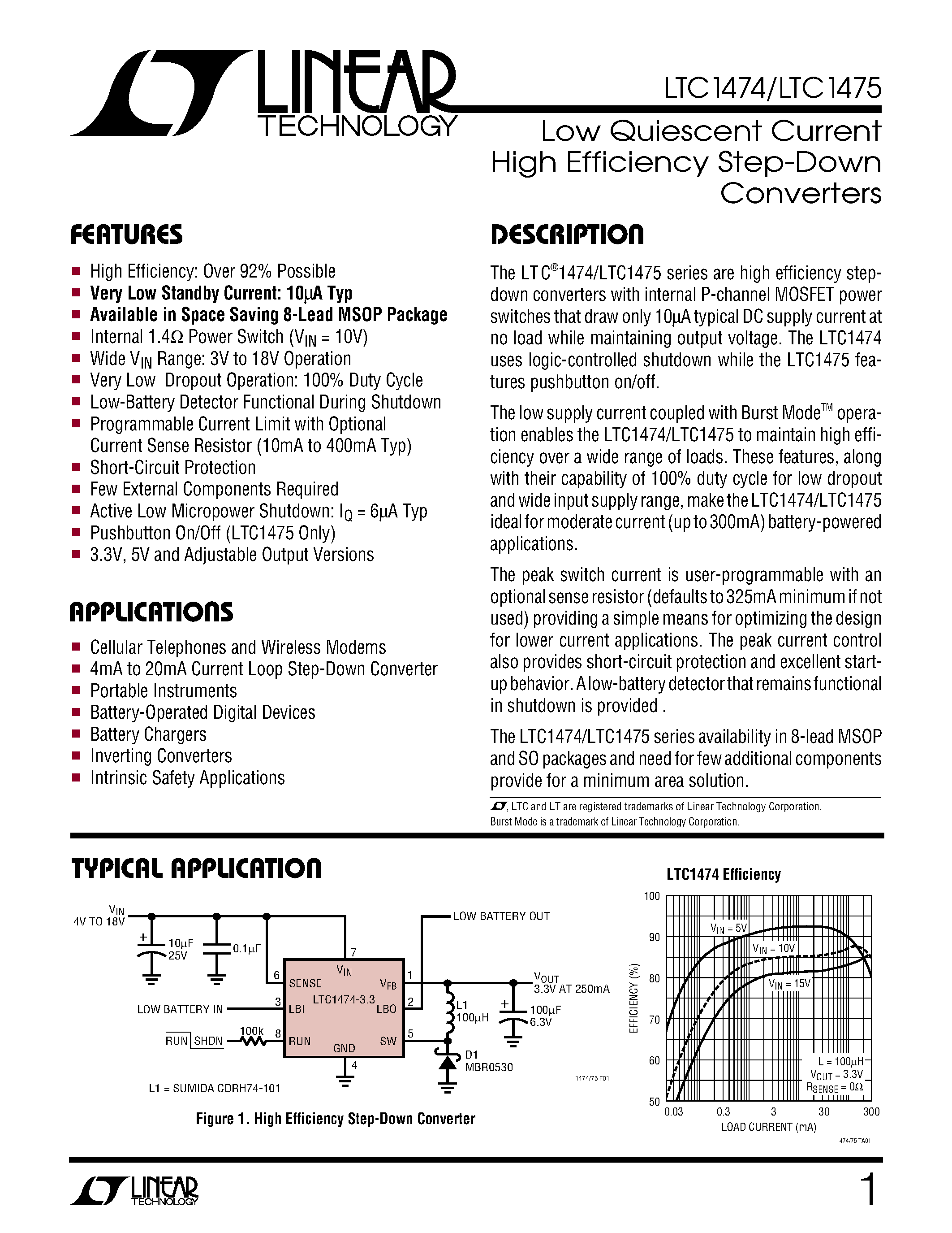 Datasheet LTC1474CMS8 - Low Quiescent Current High Efficiency Step-Down Converters page 1