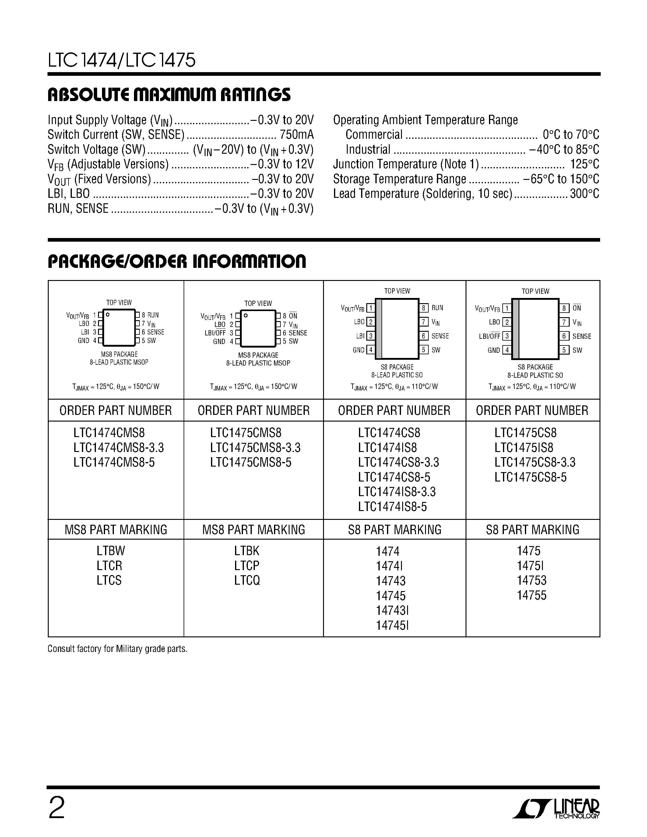 Datasheet LTC1475CS8-3.3 page 2 Datasheet LTC1475CS8-3.3 - Low Quiescent Current High Efficiency Step-Down Converters page 2