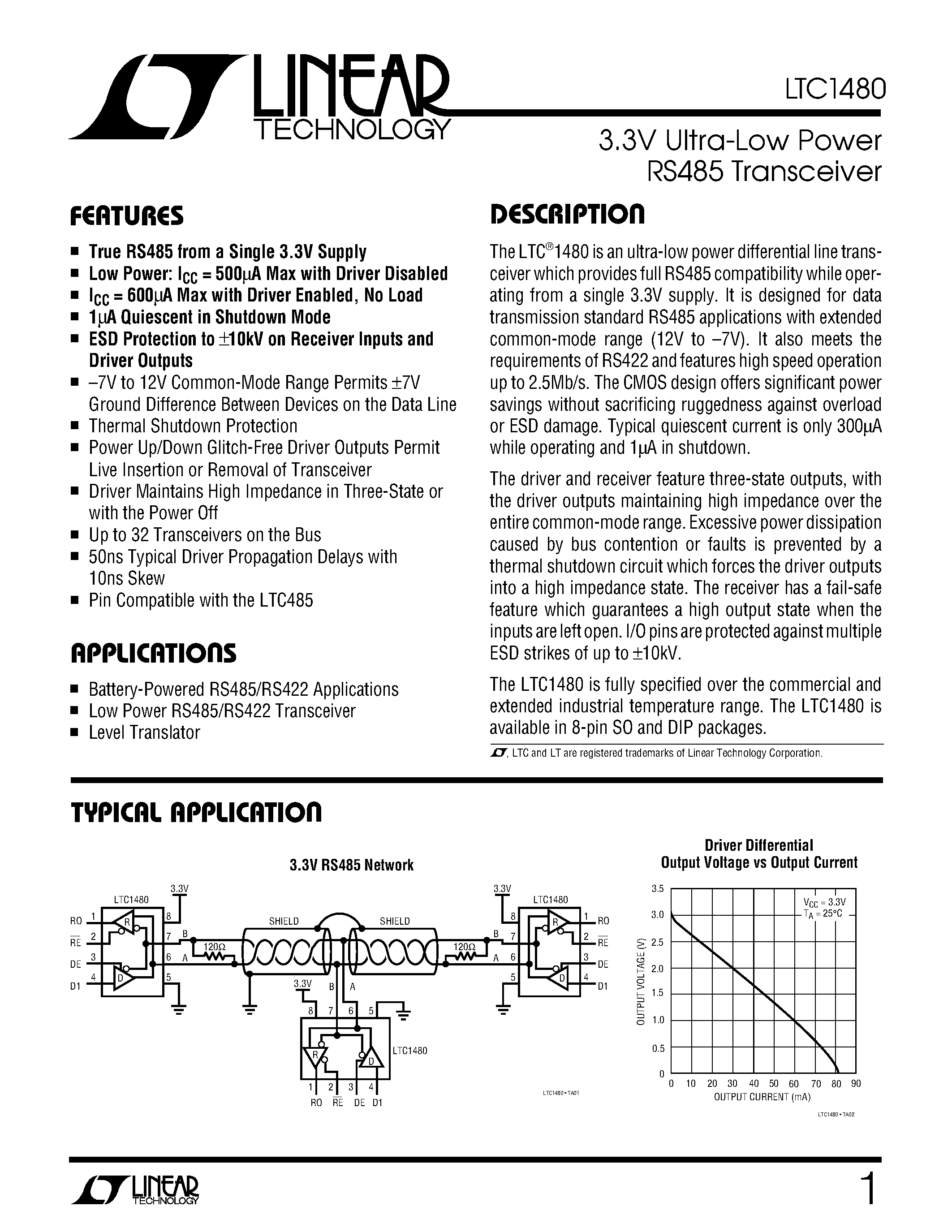 Datasheet LTC1480IS8 - 3.3V Ultra-Low Power RS485 Transceiver page 1