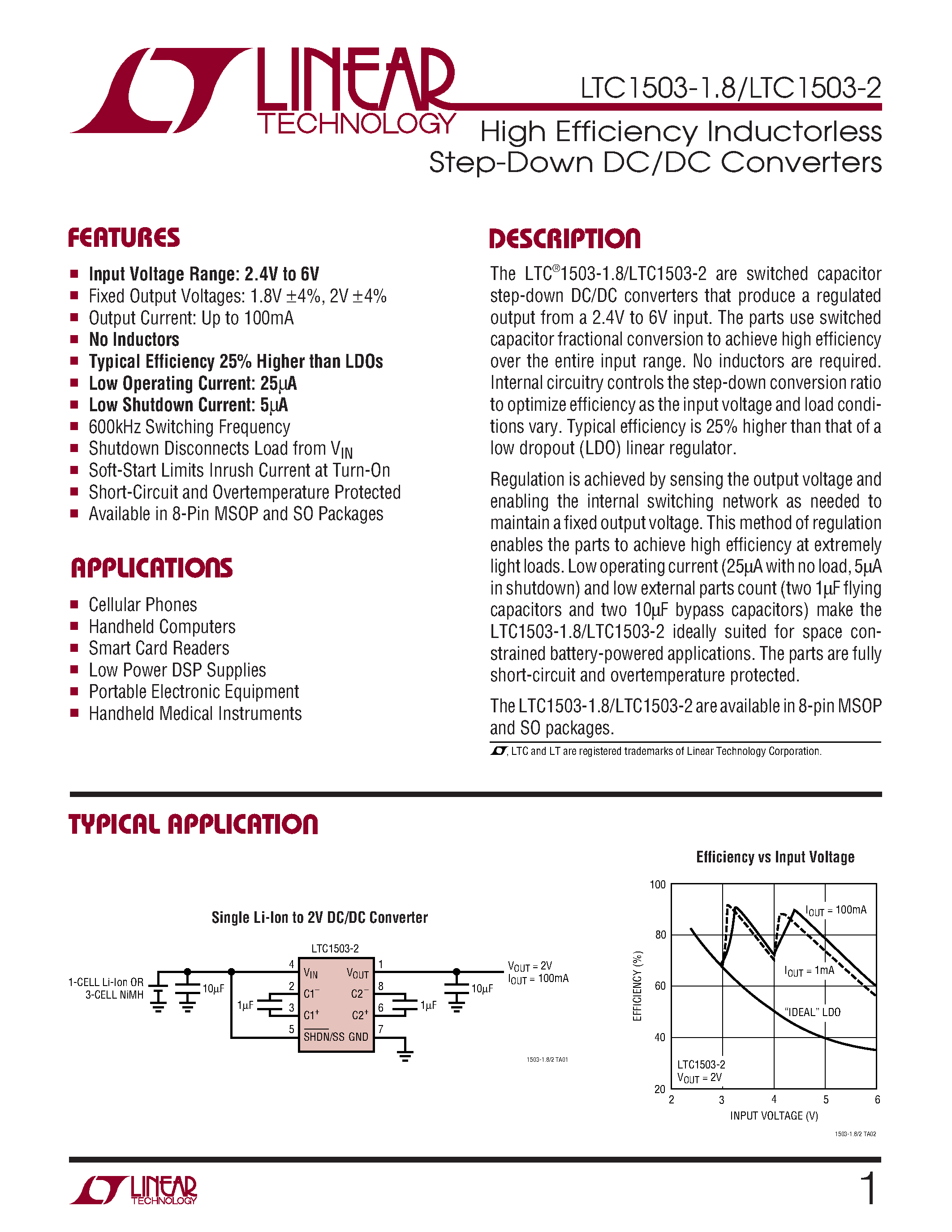 Datasheet LTC1503CMS8-2 - High Efficiency Inductorless Step-Down DC/DC Converters page 1