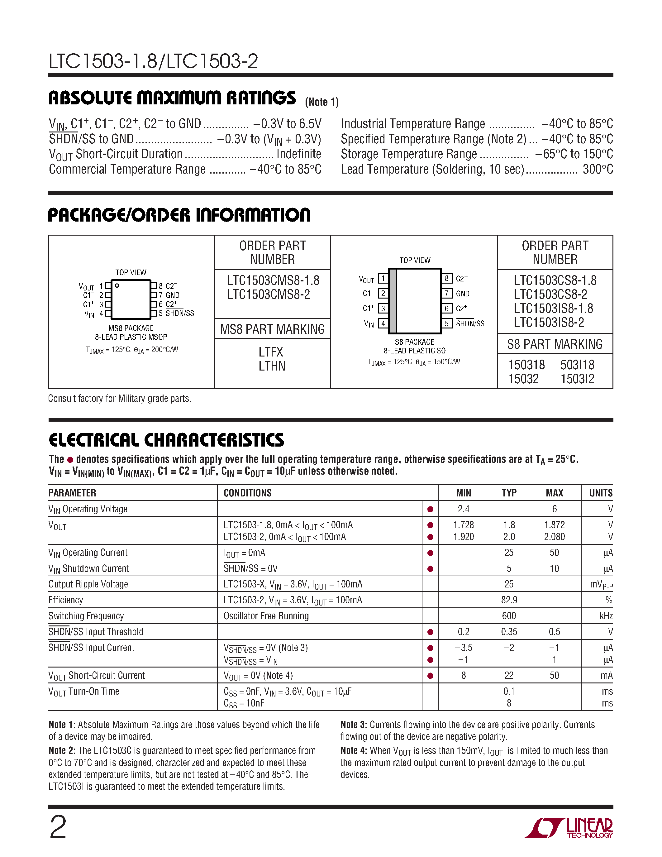 Даташит на микросхему LTC1503IS8-2 страница 2 Даташит LTC1503IS8-2 - High Efficiency Inductorless Step-Down DC/DC Converters страница 2