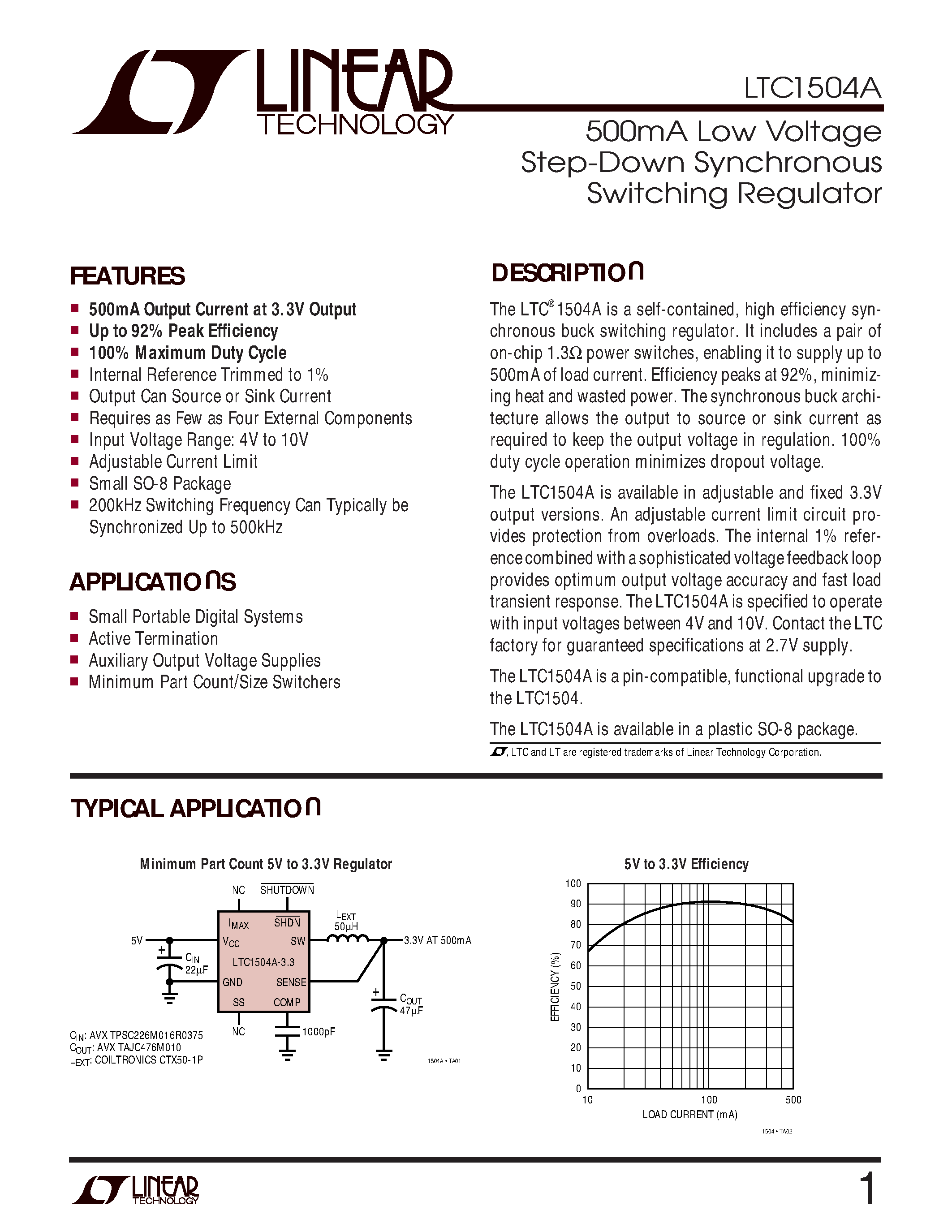 Datasheet LTC1504ACS8-3.3 page 1 Datasheet LTC1504ACS8-3.3 - 500mA Low Voltage Step-Down Synchronous Switching Regulator page 1